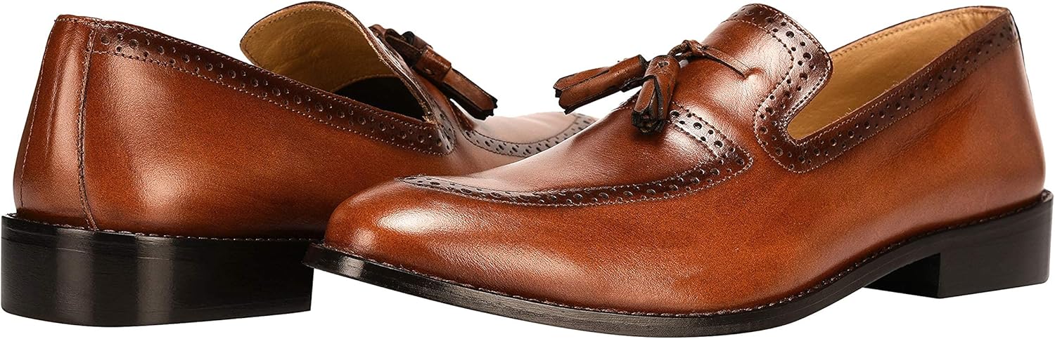 LIBERTYZENO Mens Genuine Leather Tassel Loafer Slip On Dress Shoes 7.5 Tan