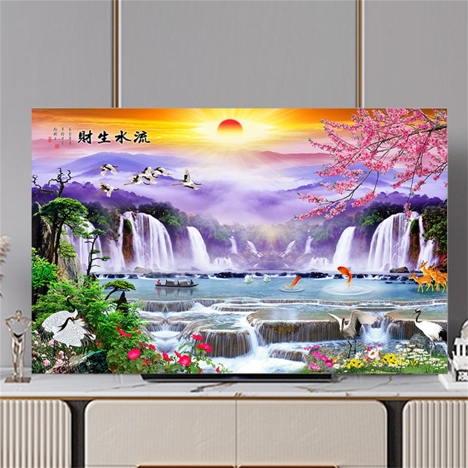 Copertura Antipolvere per TV Motivo Alba 3D Copri Televisore 32-80inch Elastica Protezione TV Universale Vista montagne 75inch