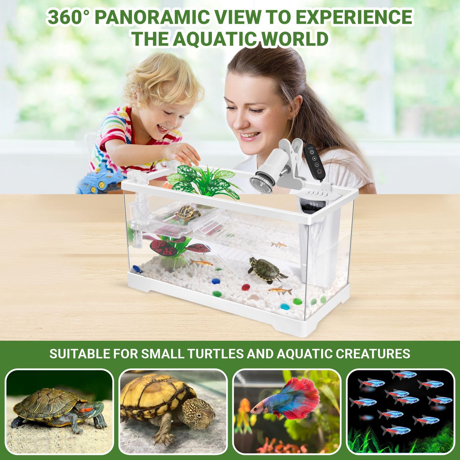 GOZILLA Kit Acquario per Tartarughe Acquatiche+Lampada+Filtro, Kit di Avviamento Aggiornato PC per Tartarughe con Lampada e Filtro Regolabili, Habitat per Rettili con Coperchio, Piattaforma Sospesa