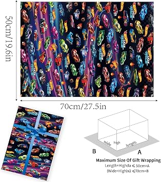 6 Sheets HotWheels Wrapping Paper (70cm X 50cm), Gift Wrap for Kids Birthday Party Supplies