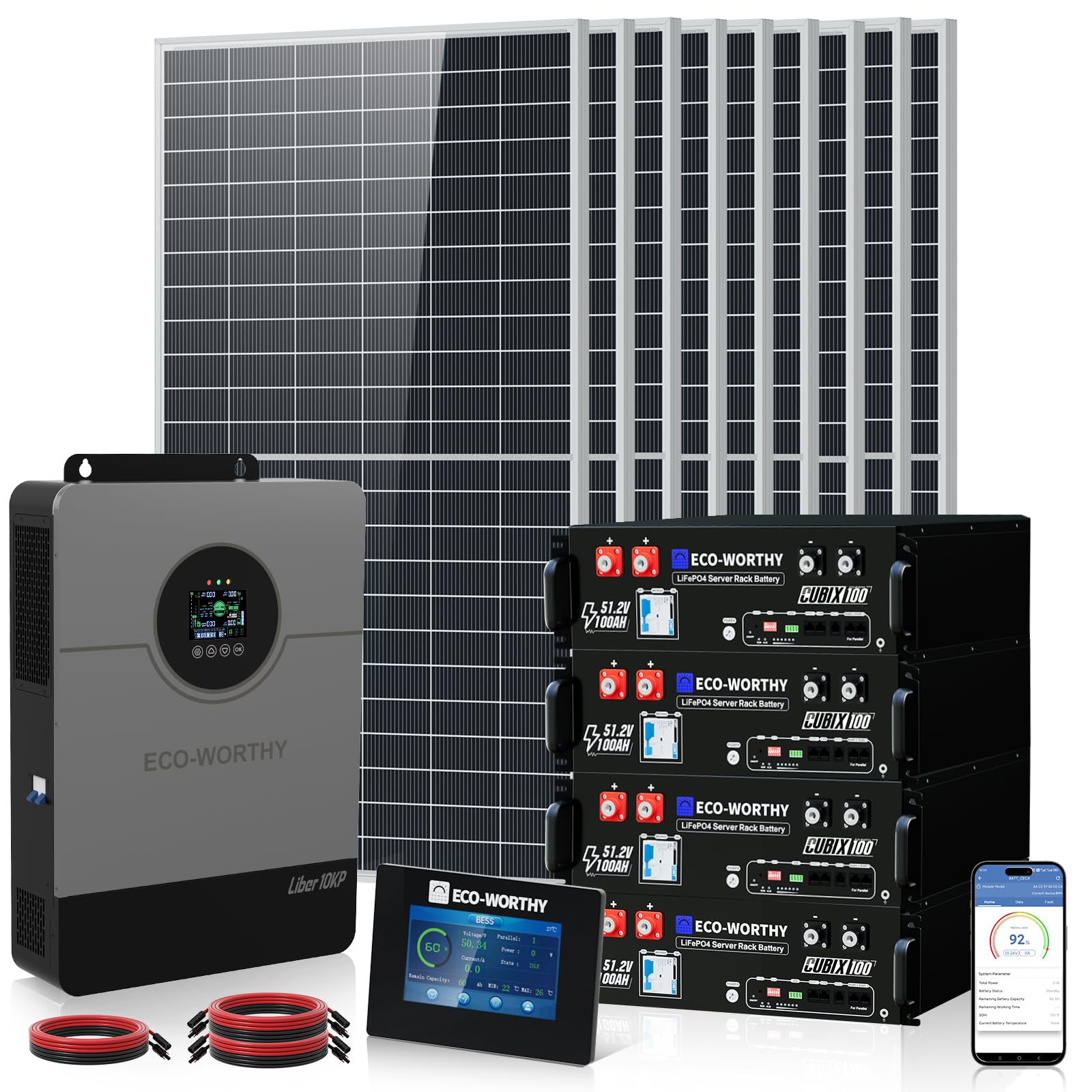 ECO-WORTHY 10KW Output Off Grid Solar System Complete Kit:10KW 120V/240V Output Split Phase Inverter| 4Pcs 48V 100Ah 20.48kWh High Capacity Energy Storage| 5310 Watts Solar Panel PV