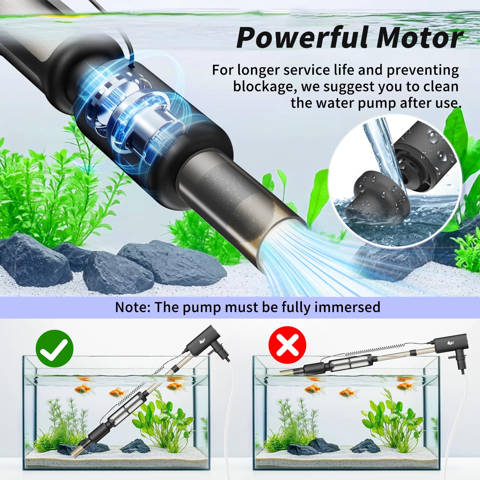 Pulitore per Acquario Elettrico Ricaricabile 8W, Aspiratore Gravita con 4 Livelli di Aspirazione Regolabili, Cambio Acqua Automatico, Rimozione Detriti e Lavaggio Sabbia per Acquari di Pesci