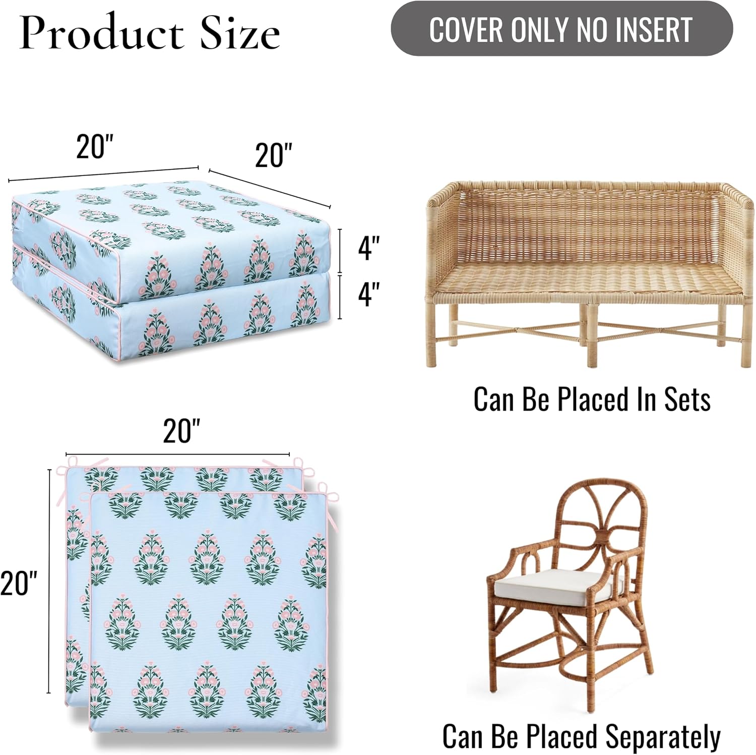 Hofdeco Premium Grandmillennial Patio Indoor Outdoor Seat Cushion Cover Only Set of 2, 20"x20"x4" Water Repellent for Backyard, Couch, Baby Blue Pink Print Flower
