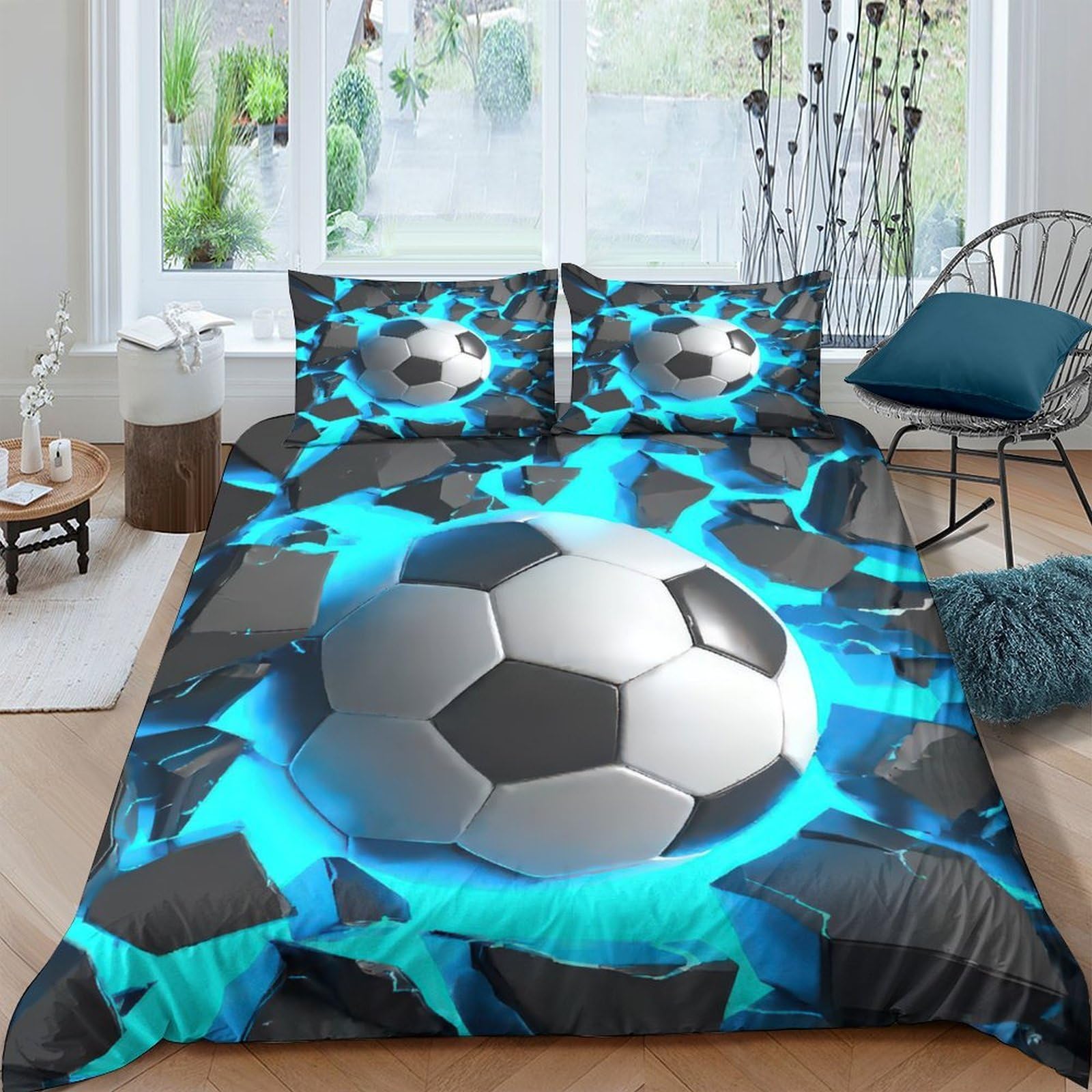 Ctjqhvkz Style-2 3D Printed Blue Lightning Soccer Ball Fitted Sheet Microfiber Soft Bed Cover For Bedroom Guest Room Dorm Mattress Protection Decor Single（135X200cm）
