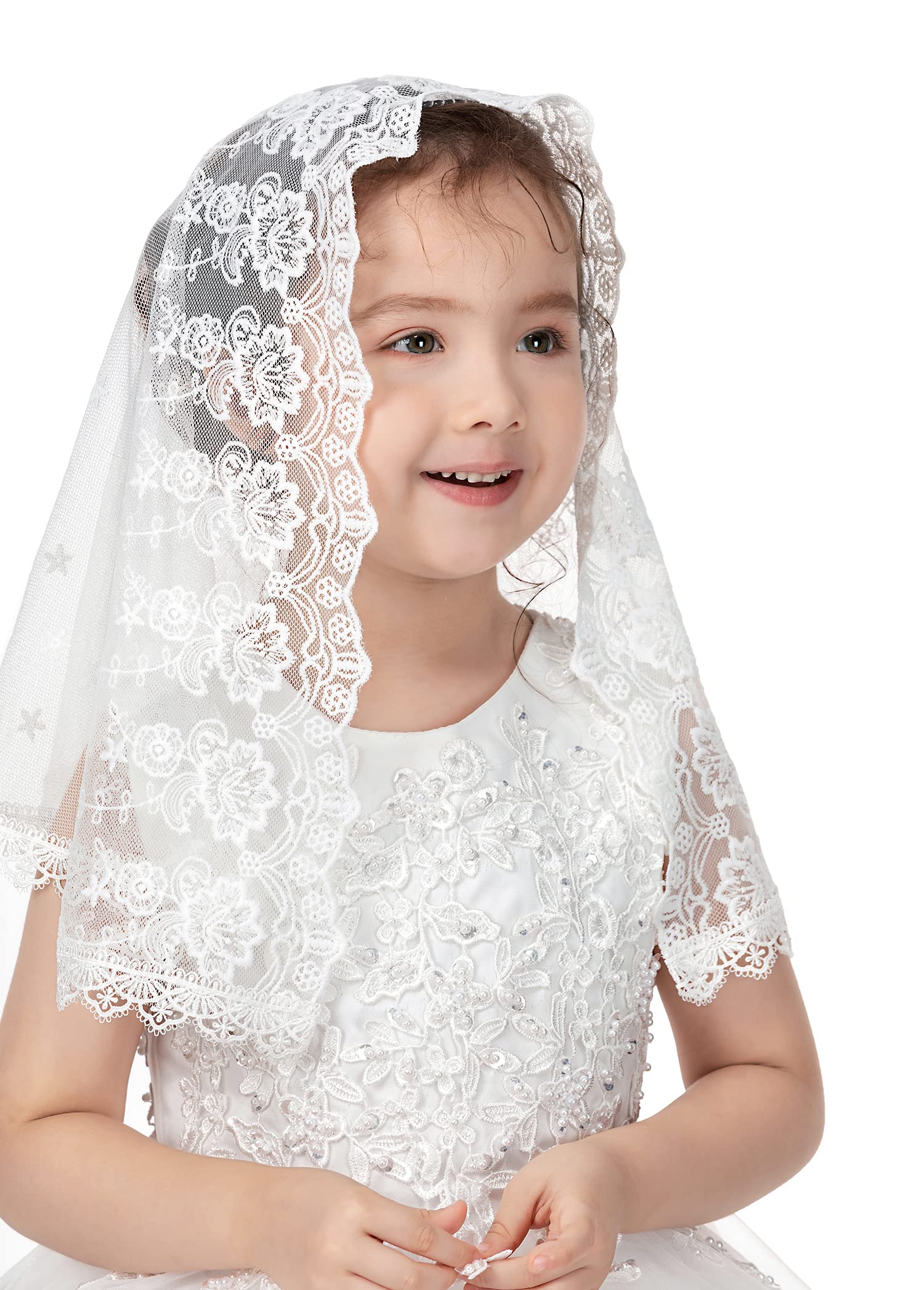 PAMOR First Communion Veils for Girls Lace Chapel Veil Mantilla Veils Latin Mass Church Veil for Catholic Baptism D Shape