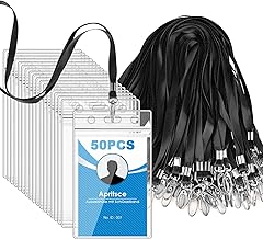 50pcs Plastic Badge Holder with Lanyard, Waterproof Transparent Card Holder, Neck Strap Badge Holder for Business Exhibition Office (Black, Vertical)
