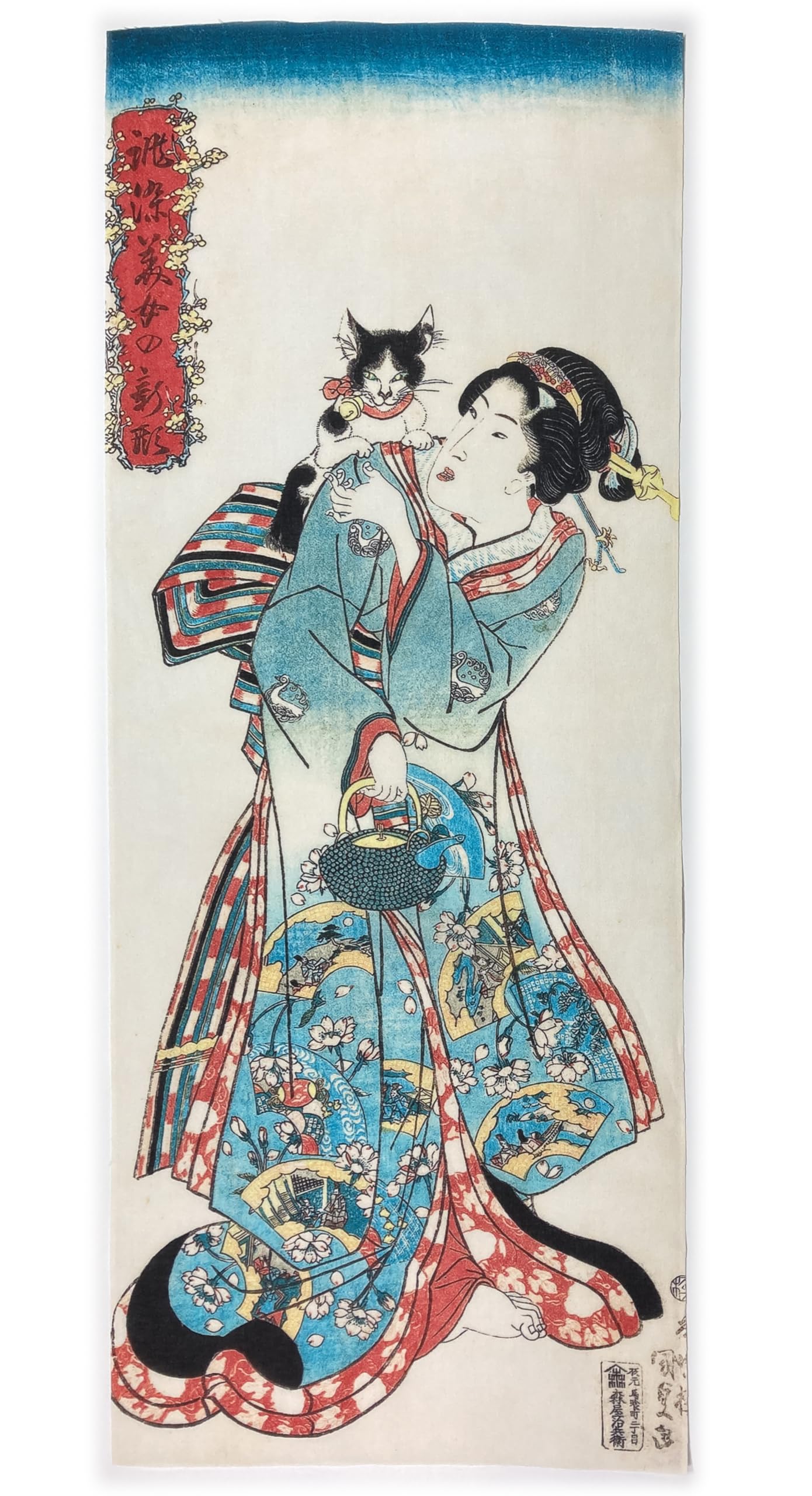 Amazon｜歌川国貞 誂染美女の新形 猫と美人 古今東西 浮世絵 手ぬぐい