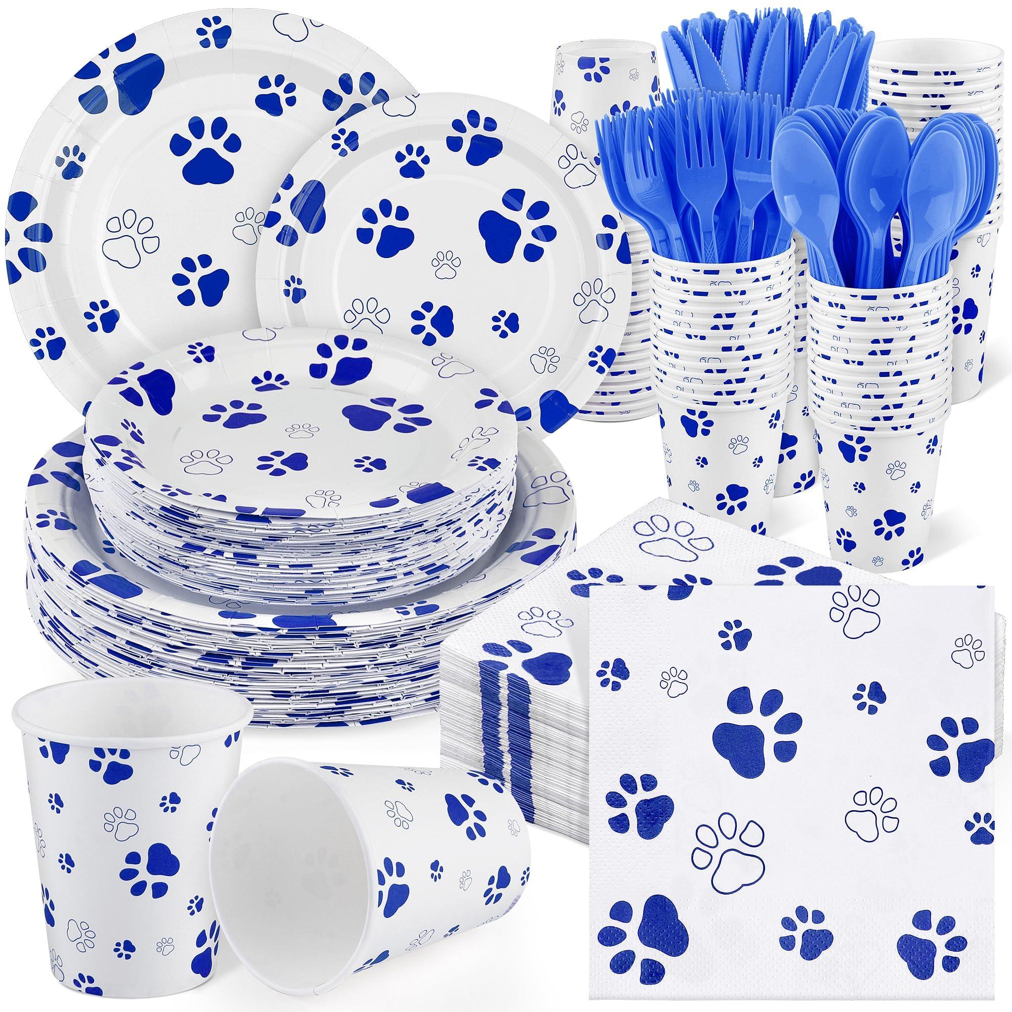 Kochorie 400 Pieces Blue Paw Disposable Party Tableware Sets Dog Puppy Supplies Including Plates Cups Napkins Cutlery Serves 50 for Birthday Puppy