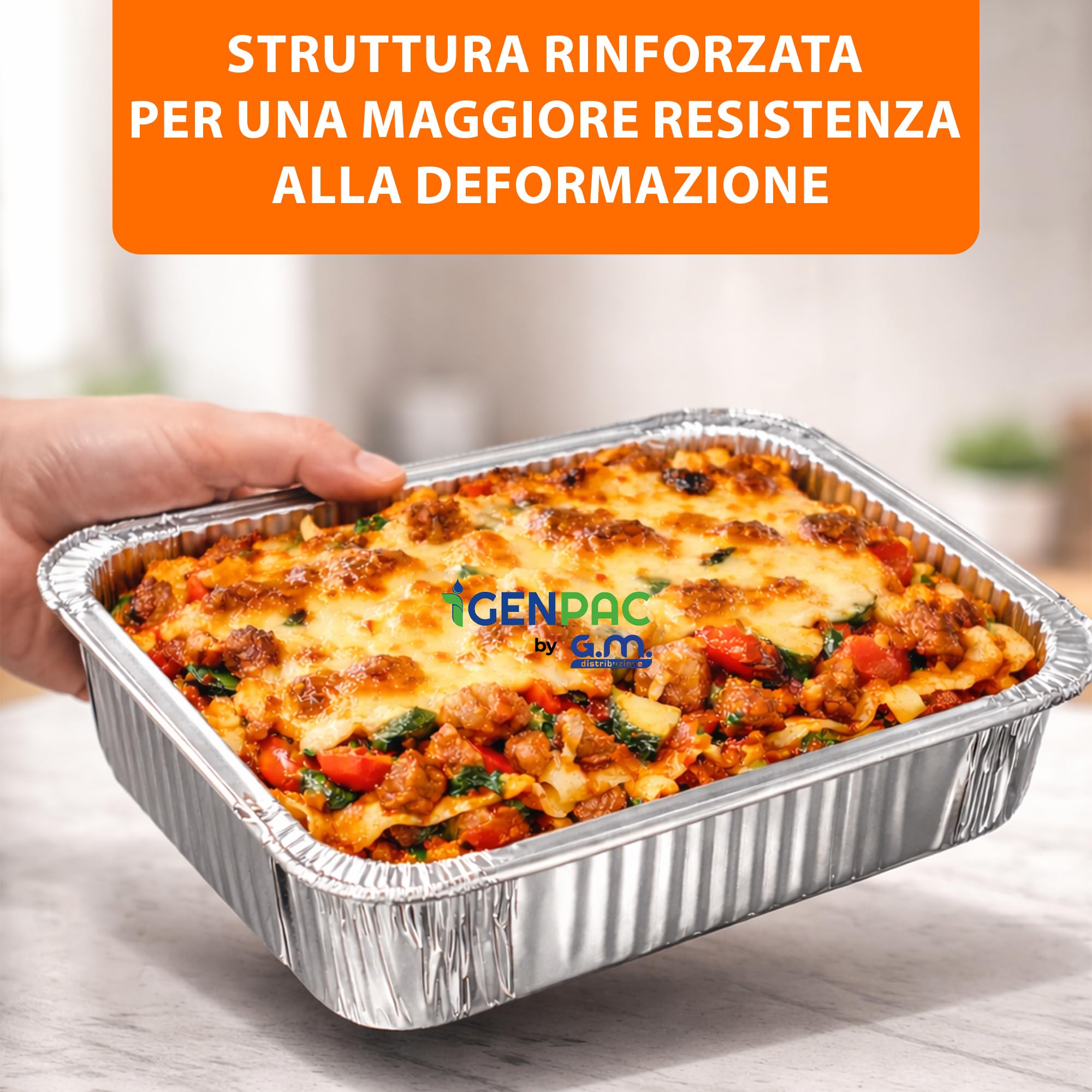 GM – 100 Contenitori in Alluminio 8 Porzioni 2625 cc Senza Coperchio, Vaschette Rettangolari Extra Grandi per Forno e Congelatore, Gastronomia e Catering – 32,2×26,2×4h cm