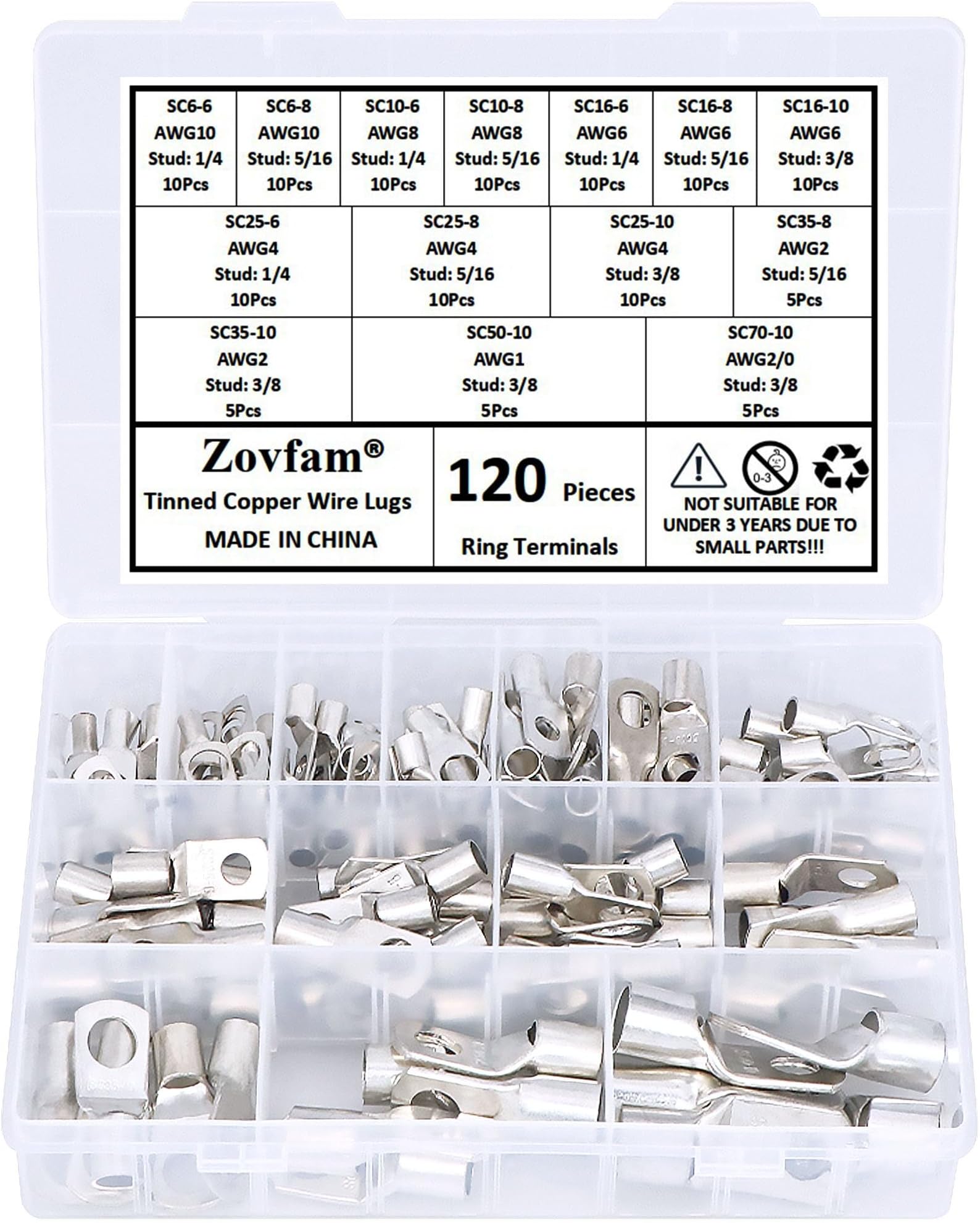 120 Pcs Assorted Heavy Duty Wire Lugs Battery Cable Tinned Copper Eyelets Tubular SC Ring Terminals Connectors with Spy Hole Assortment Kit
