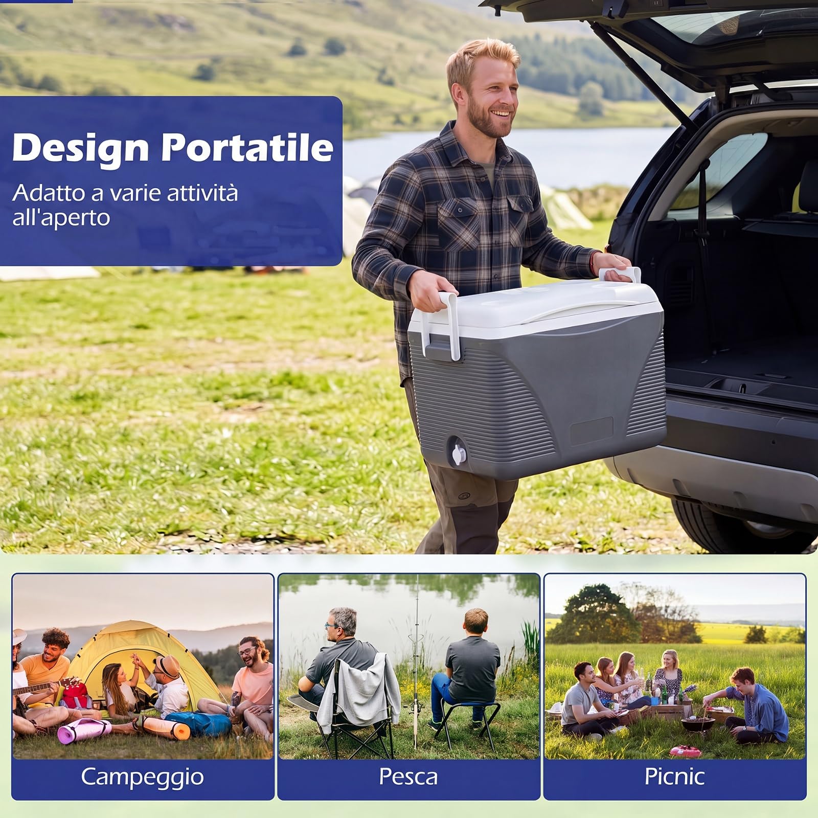 COSTWAY Frigo Portatile 41 L, Frigorifero Termico con Manici, Coperchio e Portabicchieri, Ghiacciaia Impermeabile per Cibi e Bevande, Raffreddamento e Riscaldamento per Campeggio, Picnic e Viaggio
