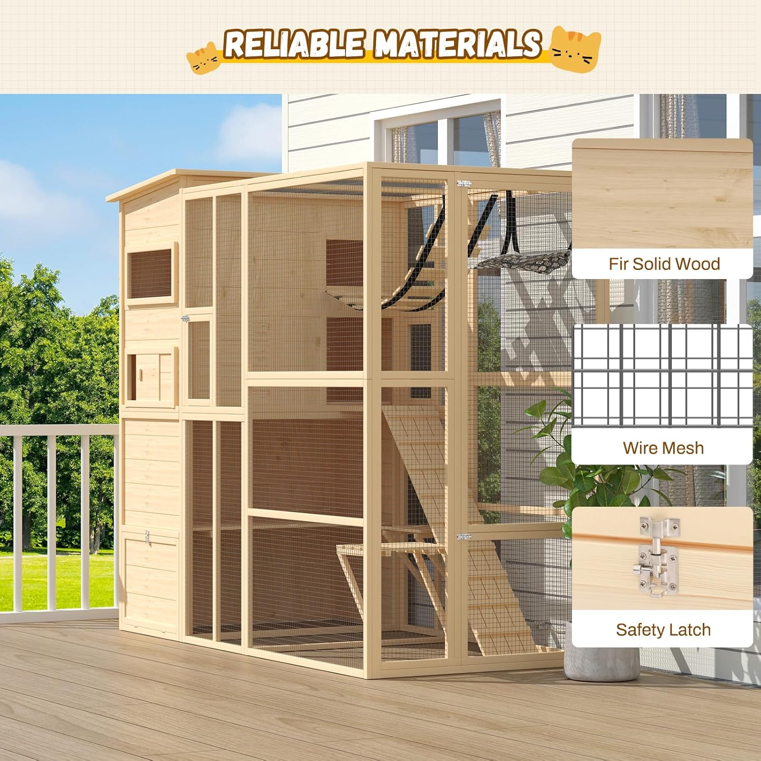Large 4-Tier Outdoor Cat Enclosure Walk-in Catio with Weatherproof Solid Wood House, Connect to Window, 4 Platforms, 4 Private Resting Rooms & Bridge, for Multiple Cats (Natural)