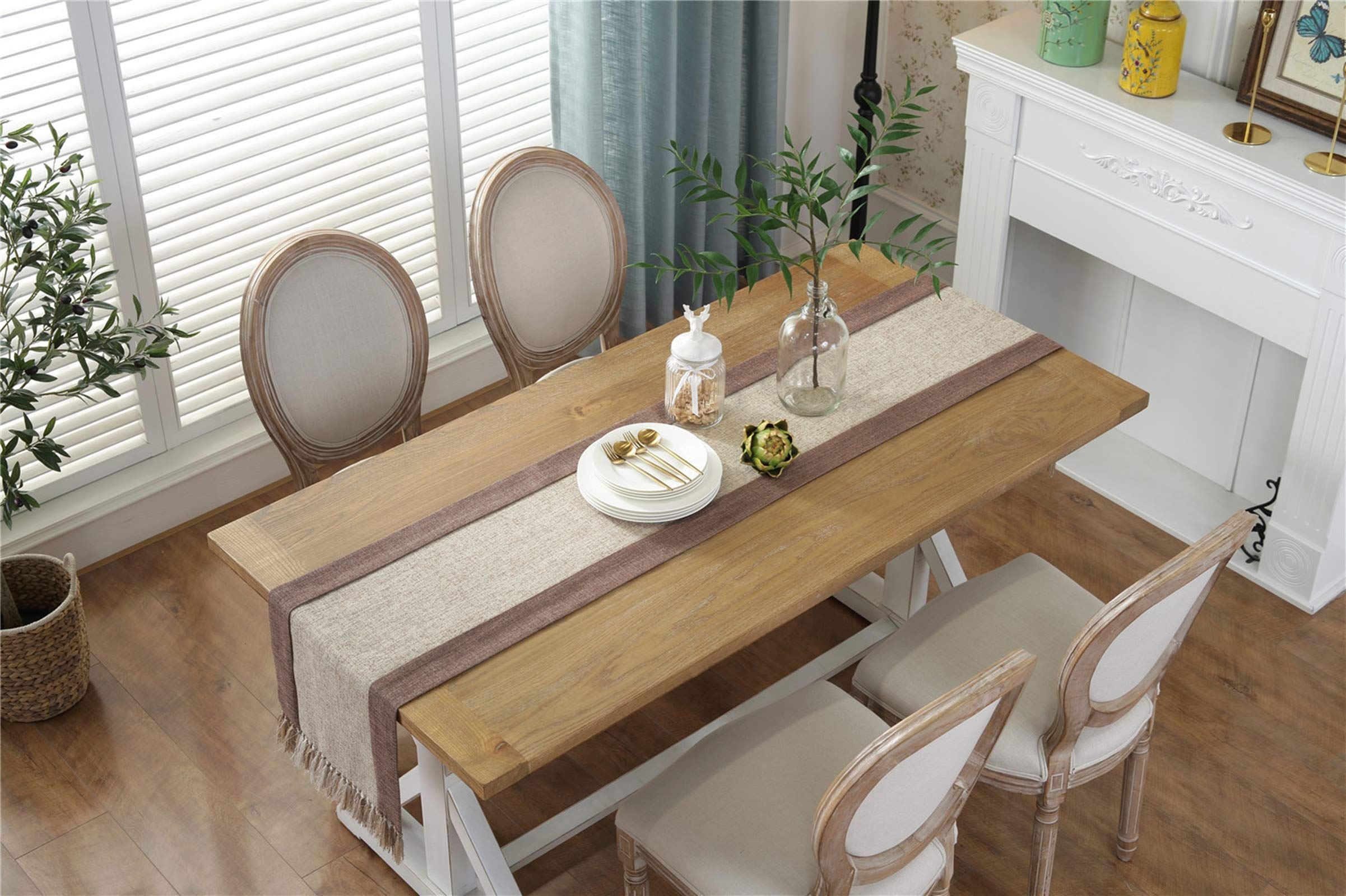 Daesar Runner Tavolo 38x240 CM, Runner Tavolo Moderno Beige con Nappa Runner per Salotto Runner Cotone Lino Tavola