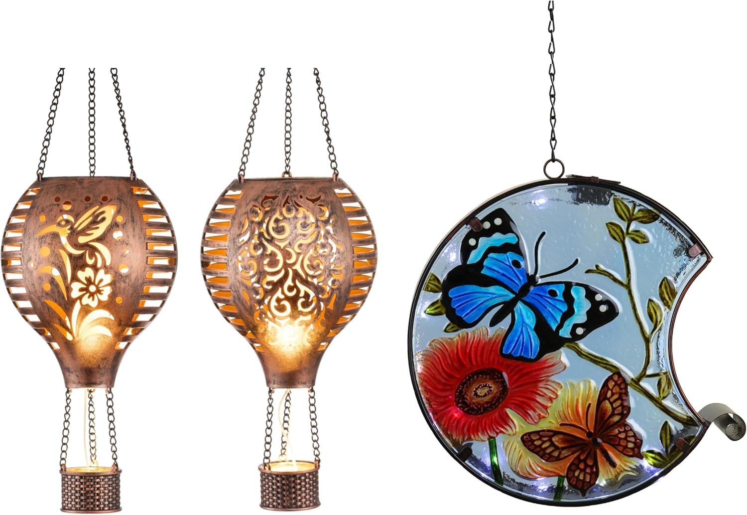 TERESA'S COLLECTIONS 2 Pack Hummingbird Flame and Hot Air Balloon Hanging Solar Lantern for Garden Decor+TERESA'S COLLECTIONS Solar Lantern for Outdoor,45 Ounces Metal&Glass Bird Feeder