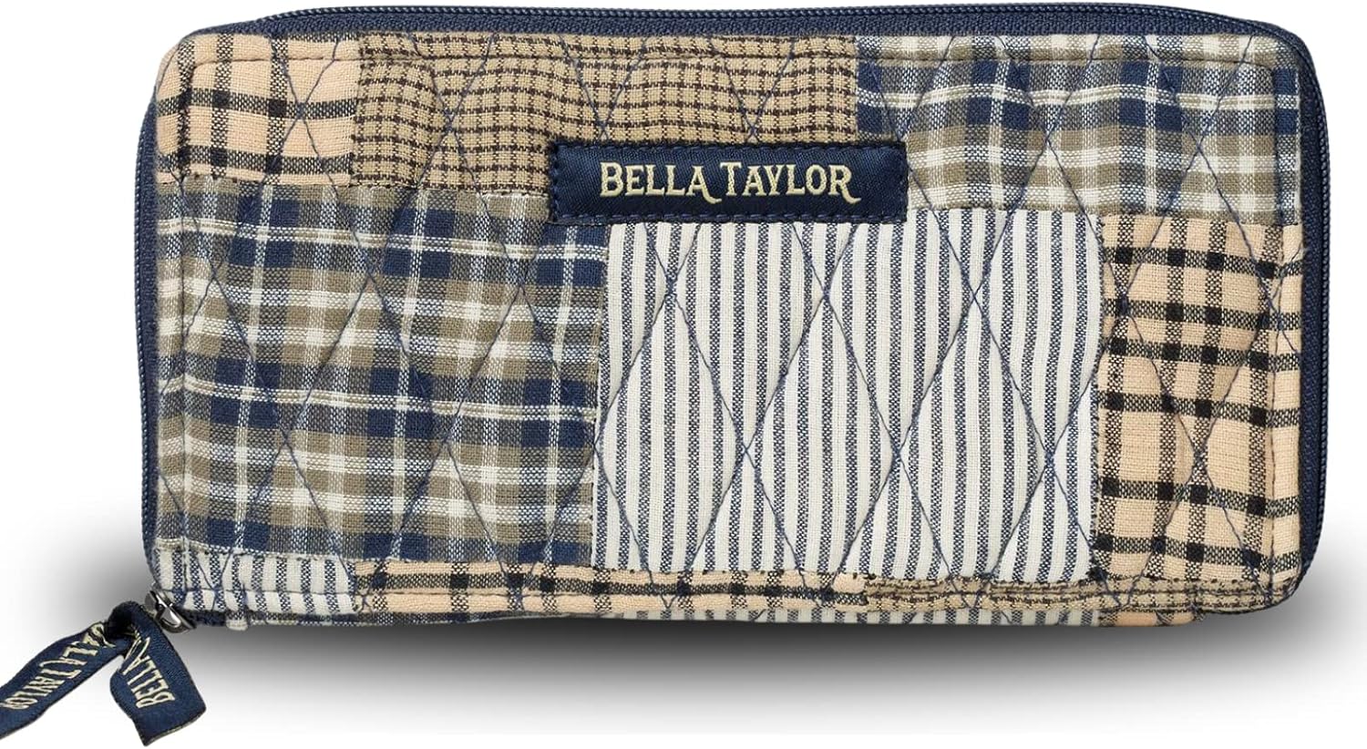 Bella Taylor Slim Card Wallet for Women | Quilted Cotton Fabric Zip Around Credit Card Wallet with RFID Protection | Farmhouse Blue