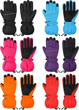Cooraby 6 Pairs Kids Ski Snow Gloves Waterproof Windproof Gloves Winter Snowboard Sport Gloves for Boys Girls Cold Weather