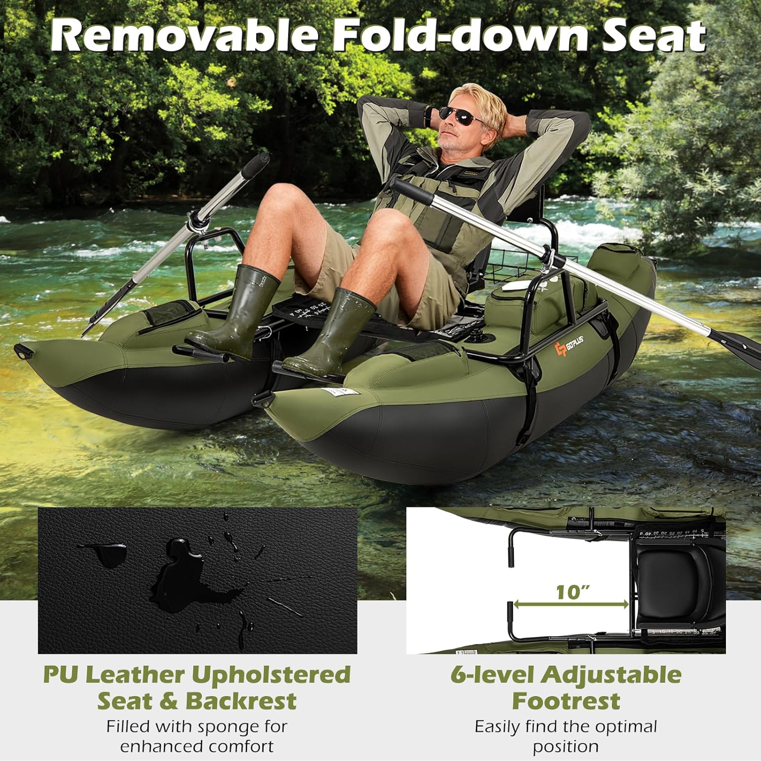 Goplus Inflatable Fishing Float Tube, Pontoon Boat w/Foldable Padded Seat, Adjustable Footrest, Pump, Paddles, Fish Ruler, Storage Basket,Pockets, 400 LBS Load Capacity Adult Belly Boat for Angling