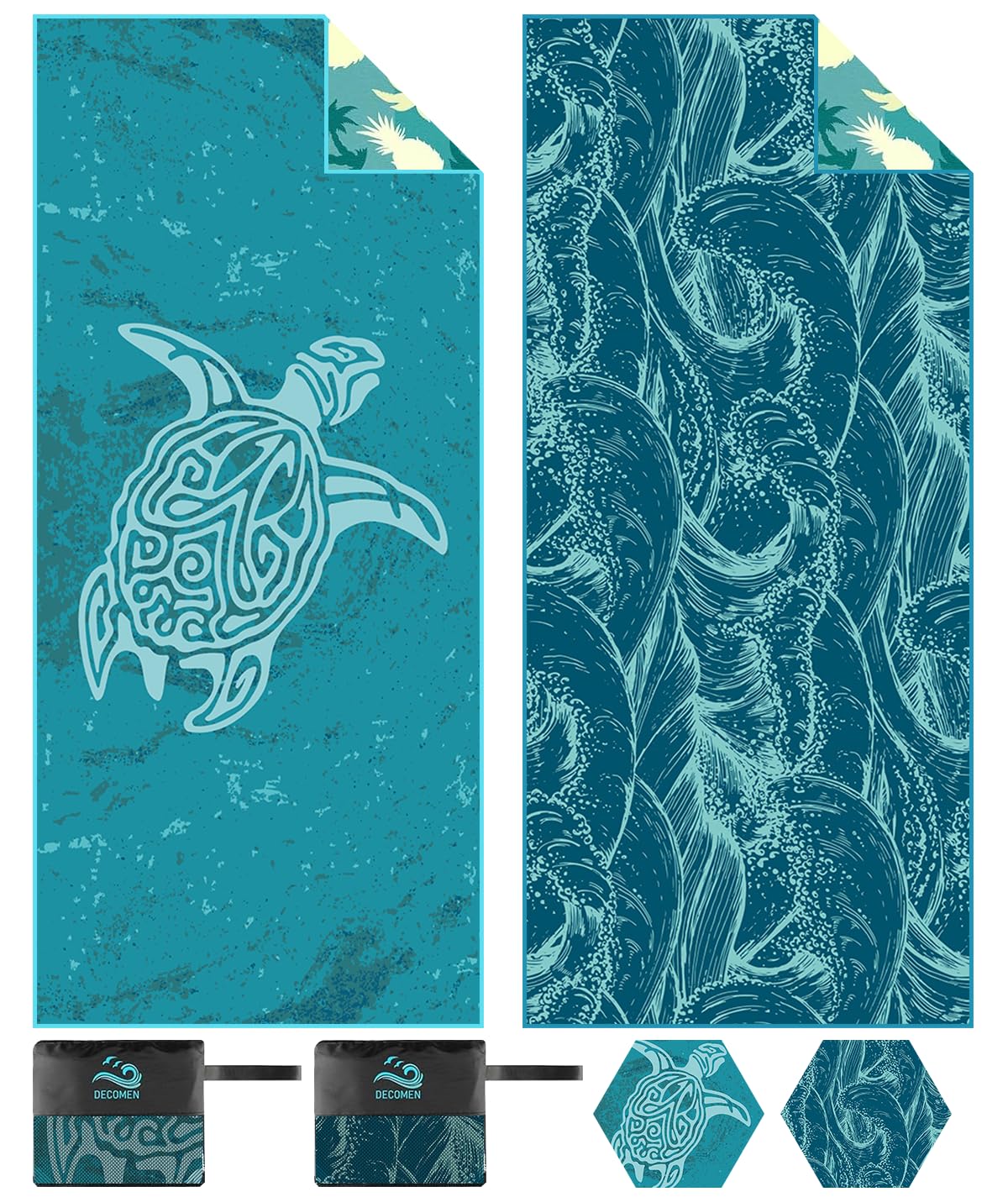 Beach Towel, Microfiber Beach Towels, Oversized Lightweight Quick Dry (73" x 32") Sand Proof, Absorbent, Compact, Beach Blanket, for Swimming,Sports,Gym-Sea Turtle&Sea Wave