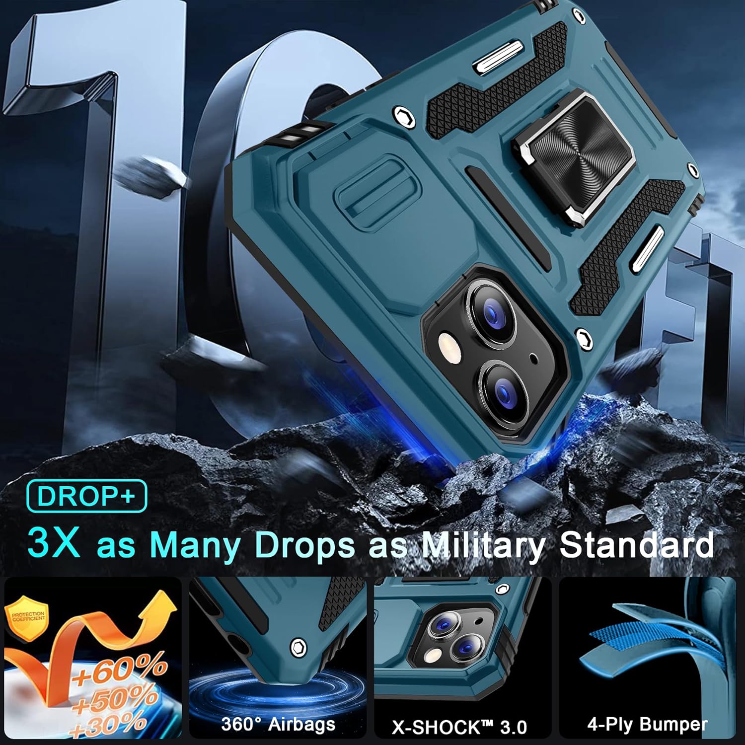 DEERLAMN Case for iPhone 13/iPhone 14 6.1-Inch with Slide Camera Cover+Screen Protector(2 Packs),Rotated Ring Kickstand Military Grade Shockproof Protective Cover-Light Blue - Image 4