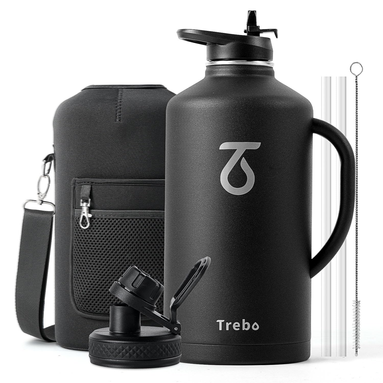 Trebo Isolierte Wasserflasche mit Griff, 3,6 l, Edelstahl, großer Krug, Reiseflasche mit Trinkhalm-Deckel, Becher mit Tragetasche, hält kalt heiß, schwarz