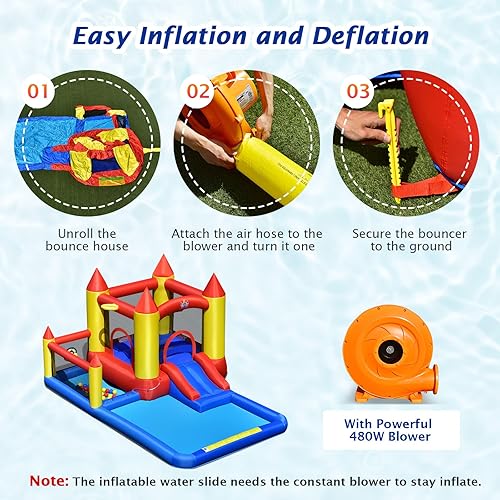 Miniatura 8 de COSTWAY Castillo inflable del tobogán acuático de los niños de la casa de la despedida interior y al aire libre w/ventilador 480W