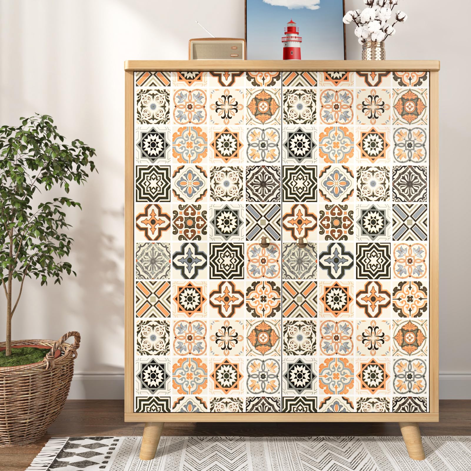 Yullpaper Vintage Wallpaper for Living Room Beige and Orange Sticky Back Plastic Patterned Boho Style Lining Paper for Walls Shabby Chic Wallpaper Beige Vinyl Wrap for Furniture Cupboards 40 x 200cm - Image 3
