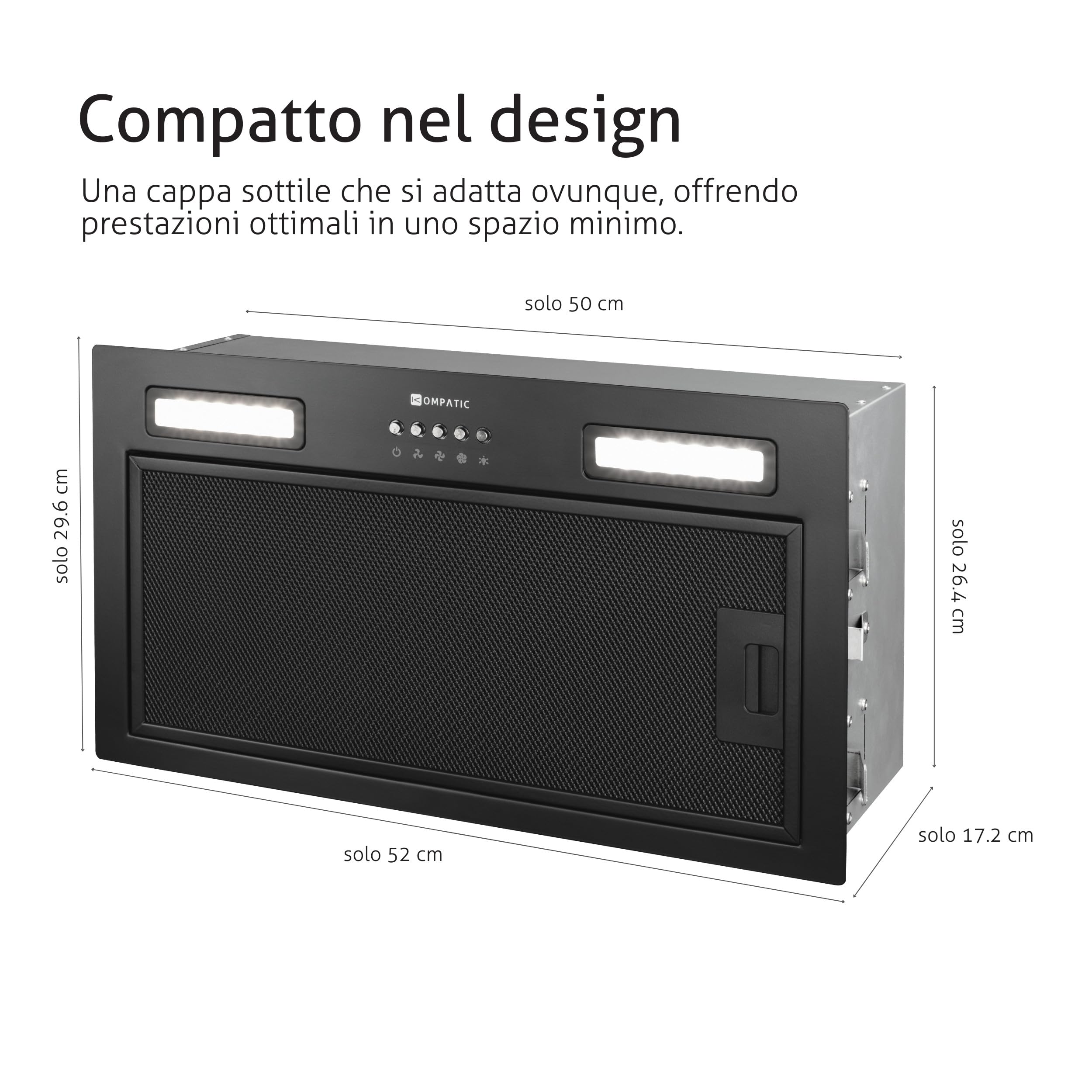 Lane 50 KLN50BI Cappa Aspirante Incasso, A+++, 50 cm, 450 m³/h, Filtri a Carbone Inclusi KCF4, Modalità Ricircolo o Estrazione, Controllo elettronico, Timer, LED, 3 velocità + boost,Nero