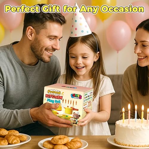 Miniatura 5 de LovesTown Juego de 59 piezas de comida de juego de simulación para niños pequeños, macetas y sartenes amarillas para niños con cesta, juguetes de