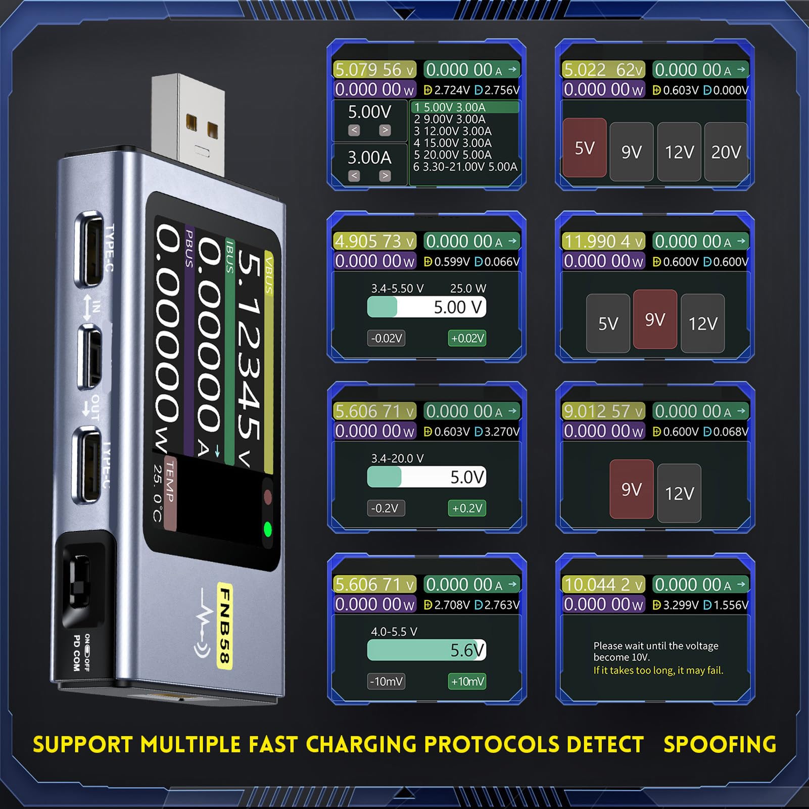 FTVOGUE Multimetrowa Zasilanie USB Prąd Prądowy Tester Mocy z 2,0 -calowym Wyświetlaczem HD LCD dla PD2.0 PD3.0 QC2.0 QC3.0