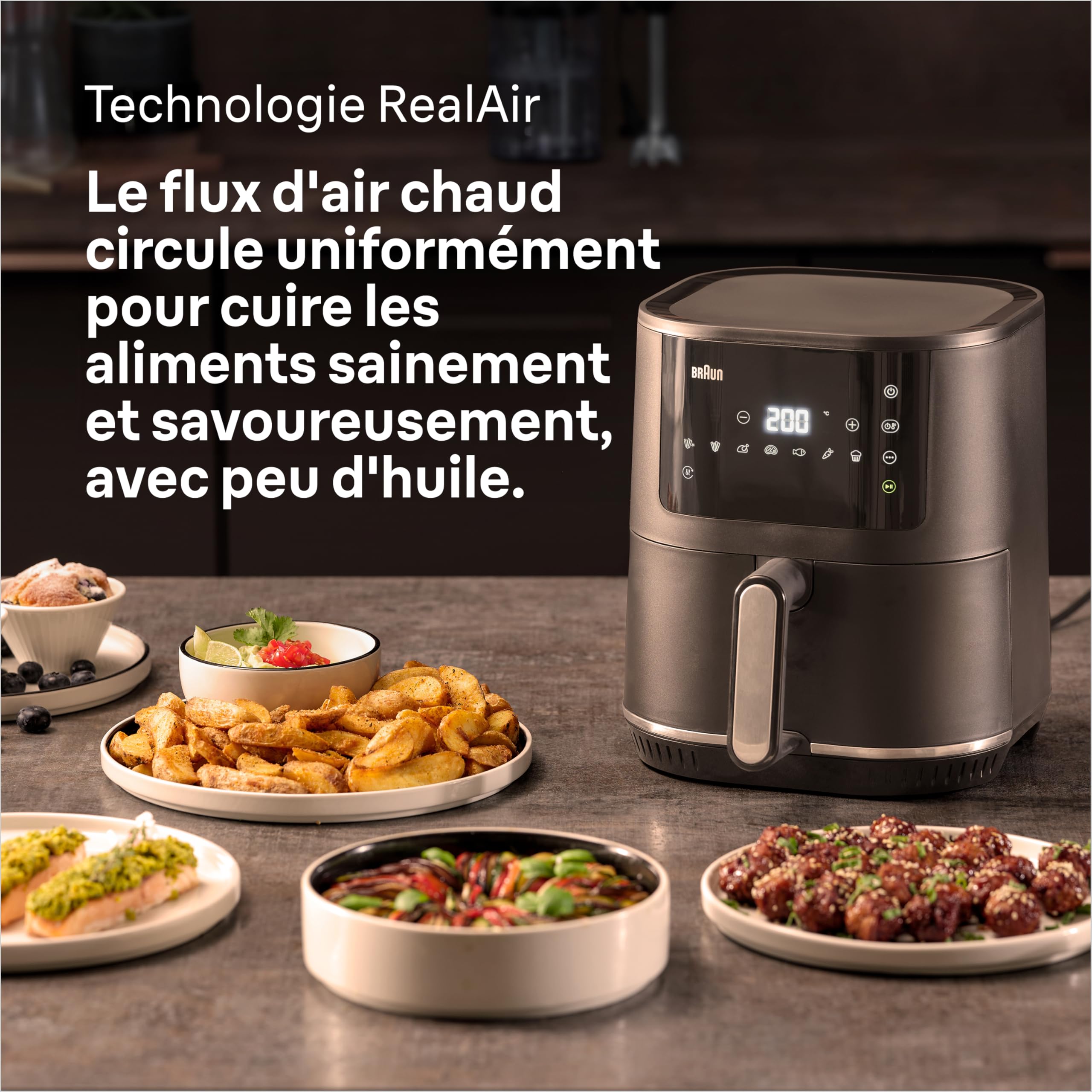 Braun MultiFry 3 HF3030IBK, Friteuse à Air avec Capacité de 4.3L, Contrôle de Température Numérique de 80-200°, Technologie RealAir, 8 Programmes Préréglés, Contrôle Tactile, 1500W, Noir Mat