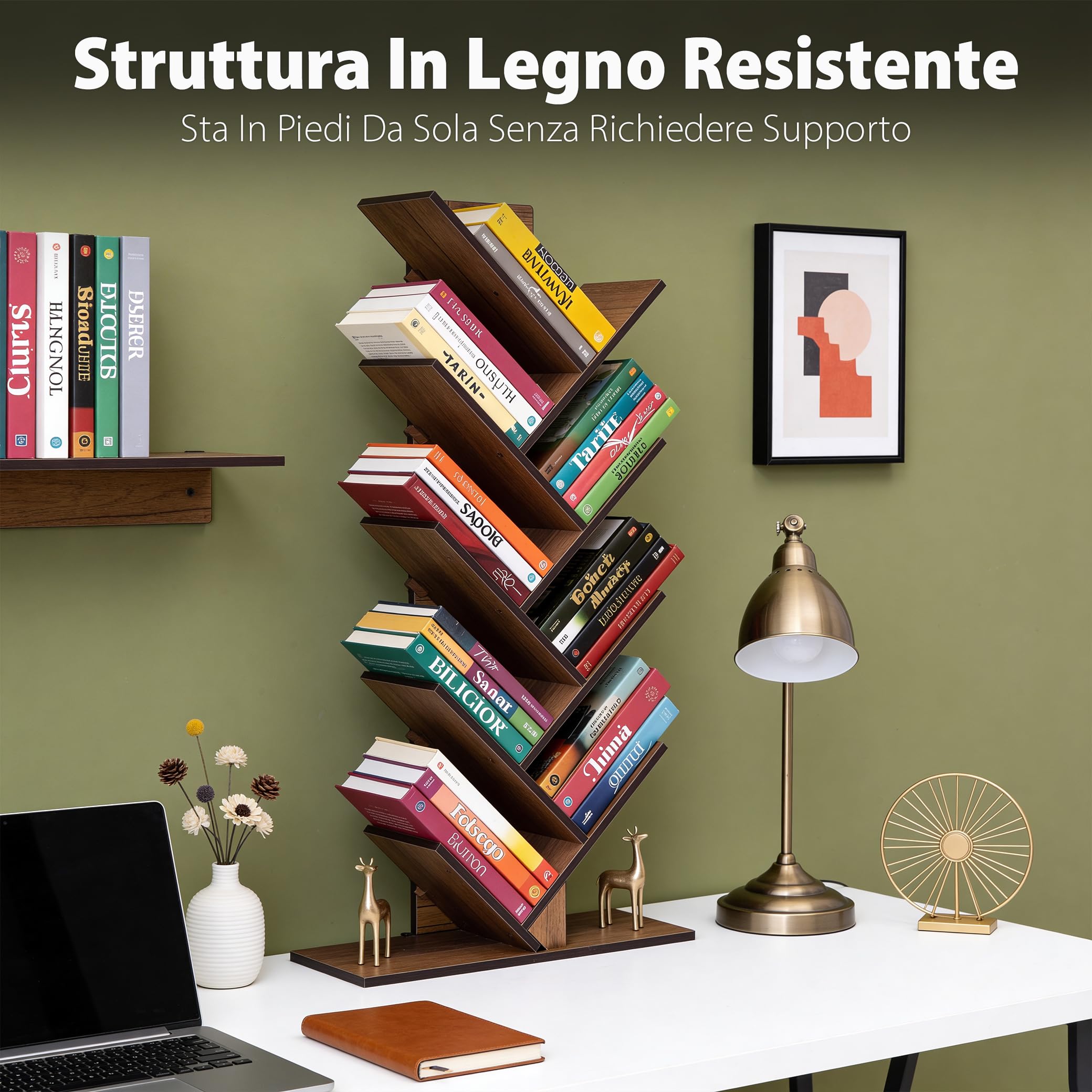 Vigo Wood Libreria ad Albero Geometrica a 8 Livelli, Scaffale Decorativo Multiuso per Casa e Ufficio, Grande (Noce)