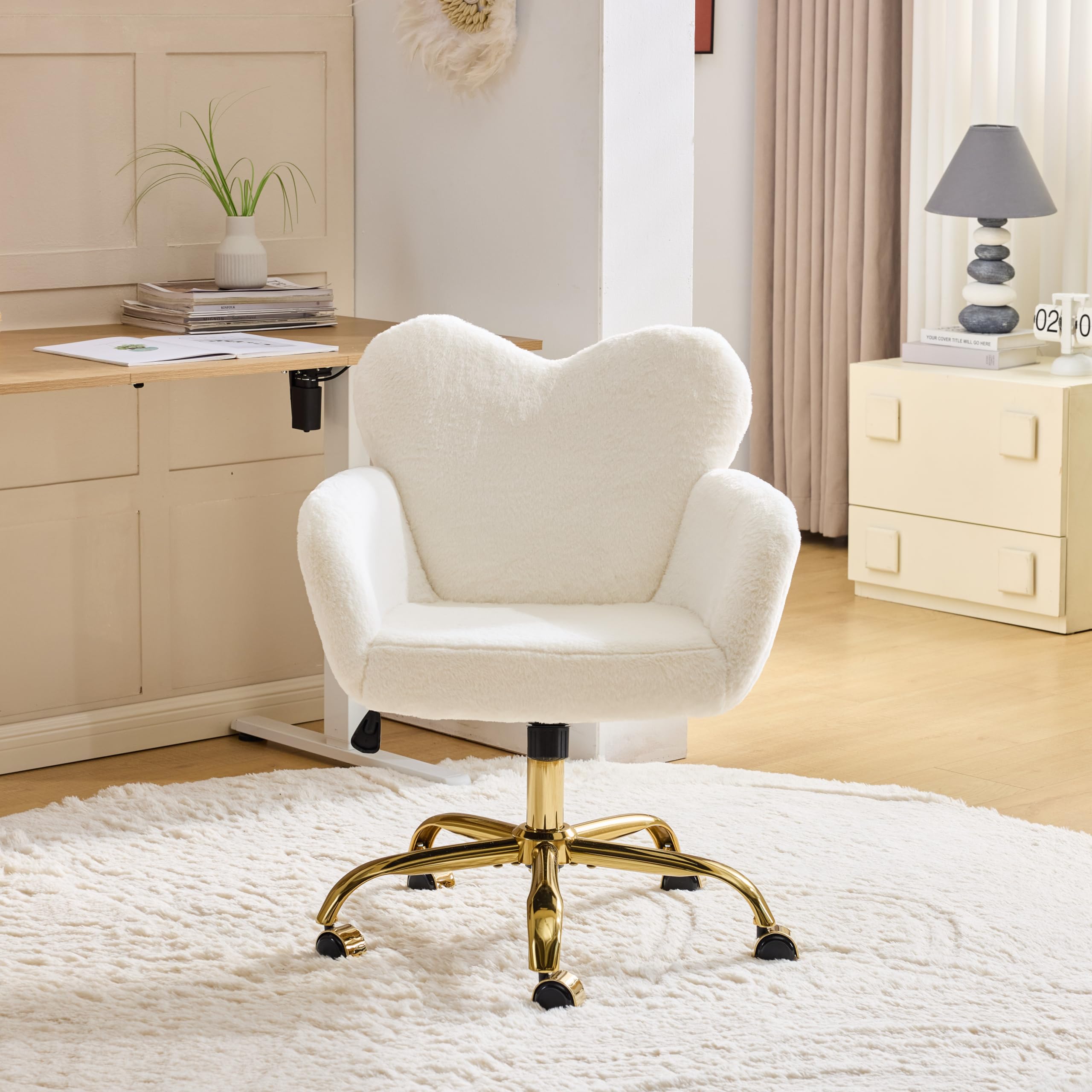 VINGLI Heart Vanity Chair with Armrests, Girls Desk Chair, Faux Fur White