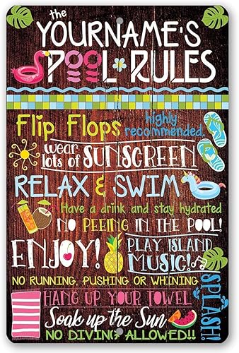 Letreros personalizados de reglas de la piscina, letreros de metal para decoración de piscina exterior divertida - Arte de pared para decoración de