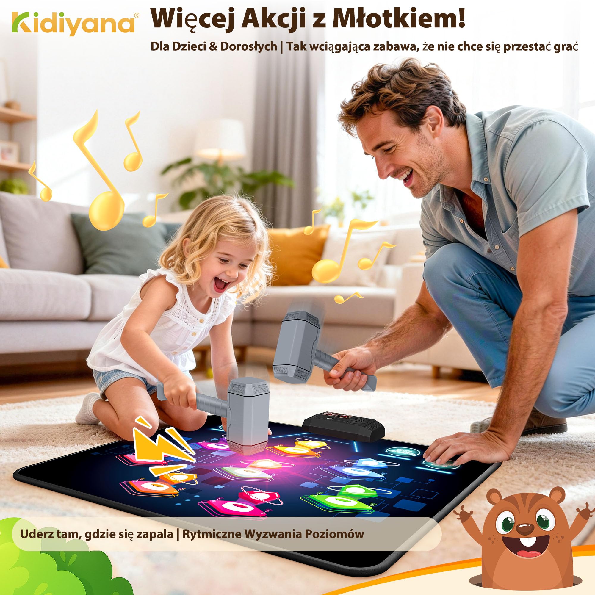 Mata do zabawy, elektroniczna gra z młotem dla dzieci i dorosłych, gra reakcyjna z 8 trybami gry i 24 poziomami, gra pukania, gra w pukanie od 3 lat, z muzyką i światłem, UFO