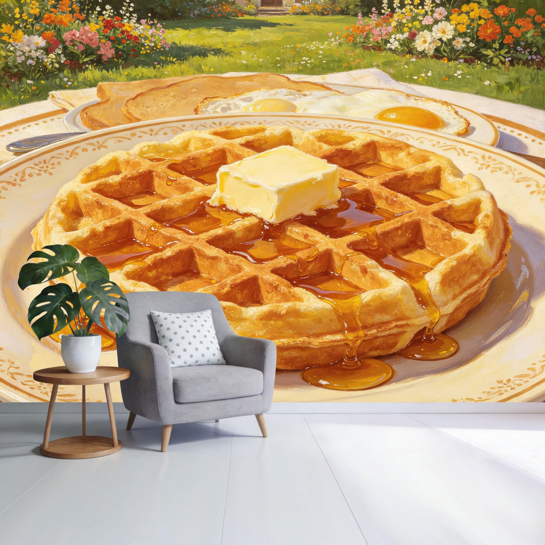 Custom Size Wall Mural Cozy Breakfast Waffle with Butter and Syrup Vintage Kitchen Art SelfAdhesive Wall Fabric Removable Wallpaper for Home Office Decor