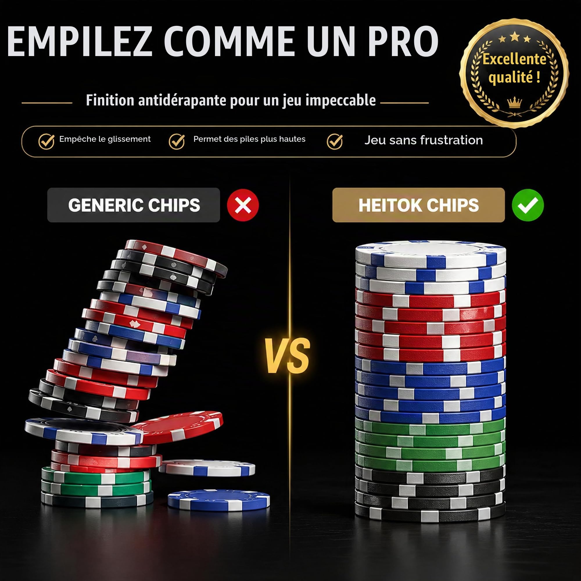 HEITOK Mallette de Poker 300 Jetons Sans Valeur 11.5g Texas Holdem au Casino