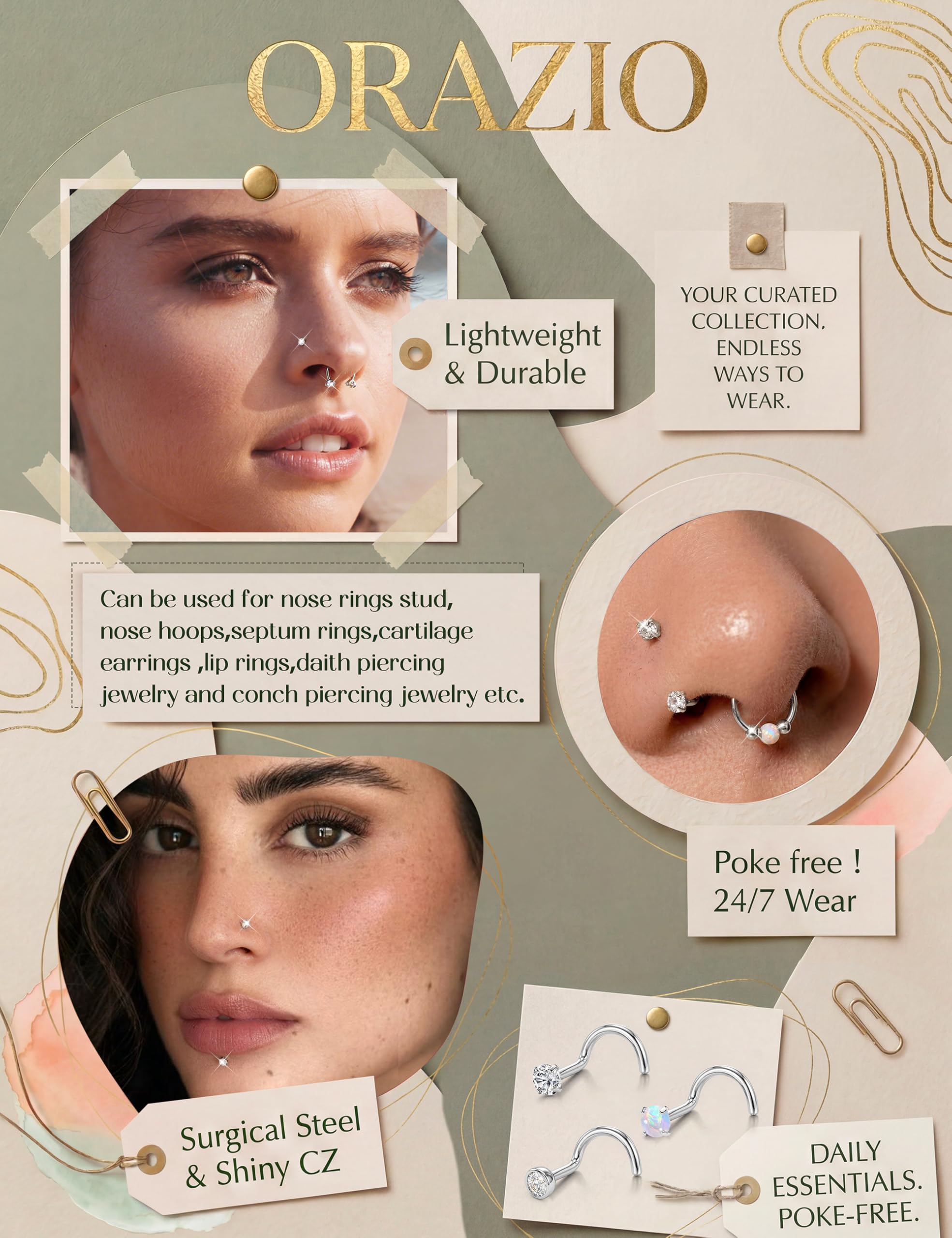 ORAZIO 6 Pièces Piercing Nez Acier Chirurgical Femmes Plaqué Or 14K Percing Au Nez Or/Argent Helix Piercing Piercing Nez Anneaux L/S Septum Nez Piercing - 4