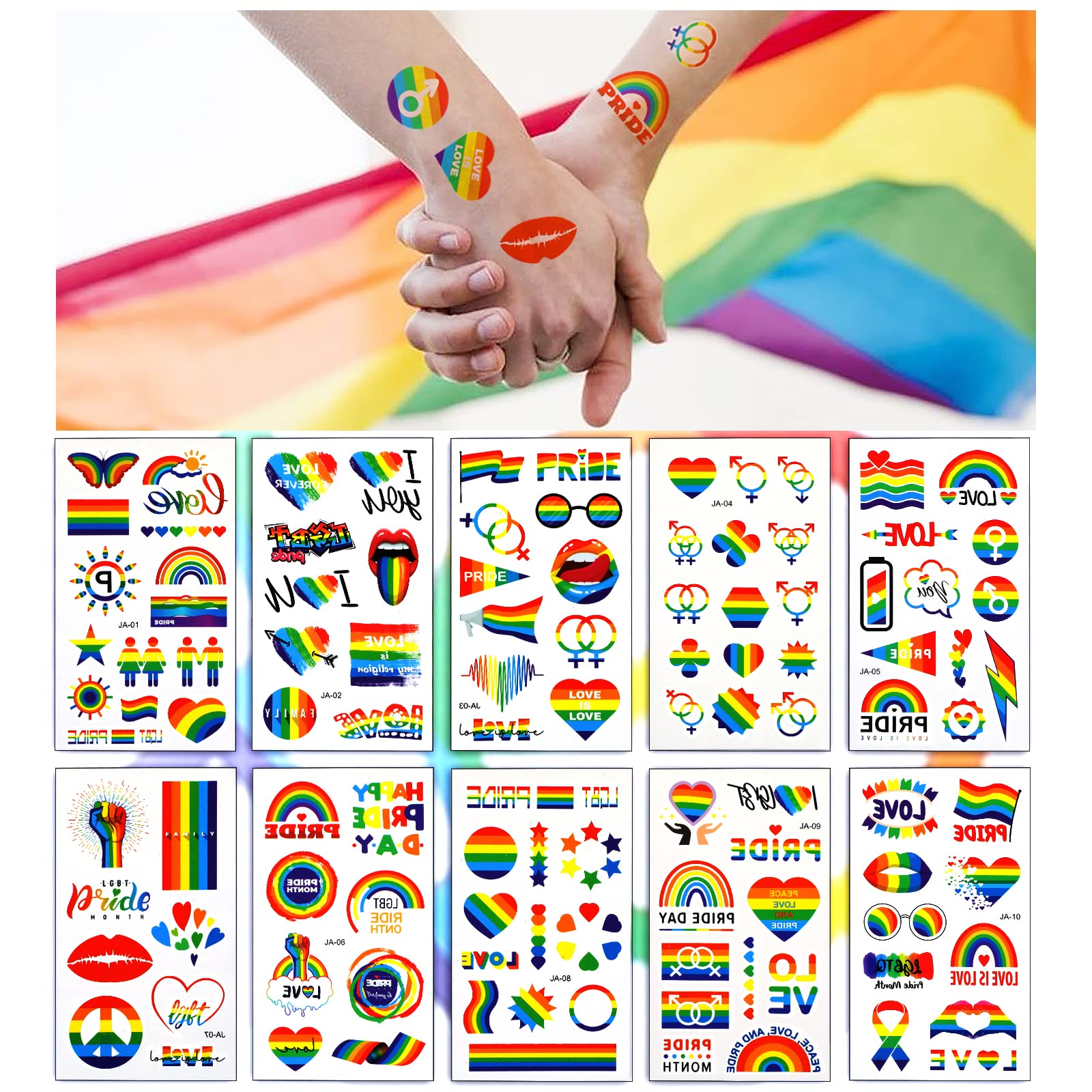 PHOGARY LGBT tatuaże tymczasowe (10 arkuszy, 112 sztuk) tęczowe naklejki Pride na uroczystości, imprezy gejowskie, festiwale i parady