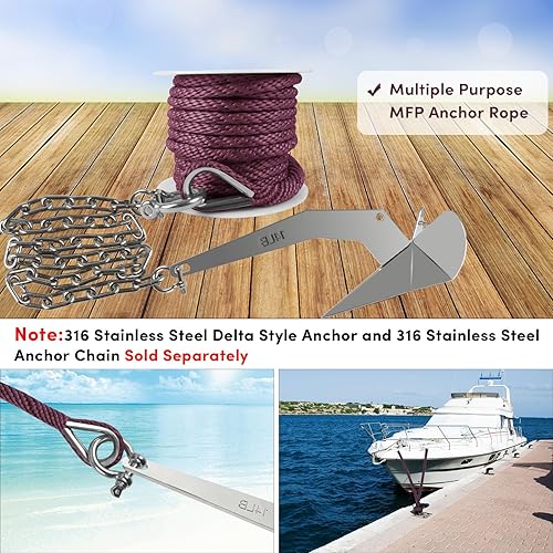 Vista 119 de Cuerda de anclaje premium de 100 pies x 3/8 pulgadas, cuerda marina de línea de anclaje MFP trenzada sólida con dedal y grillete, color negro