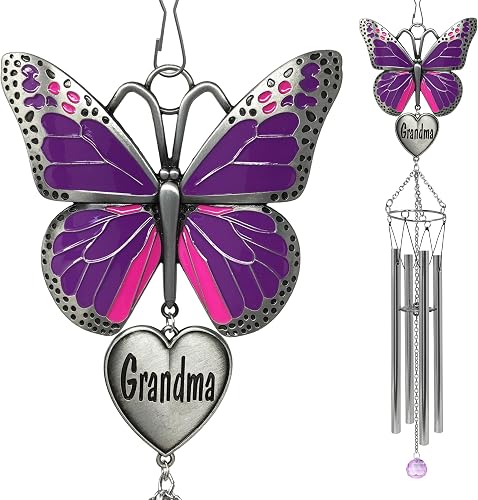 Butterfly Wind Chimes for Grandma, Grandma Memorial Gift, Engraved Heart Wind Chime for Outdoor Porch Patio Garden, “God Couldn’t Be Everywhere So He Gave Us Grandmothers”, 20 Inch Hanging Decor