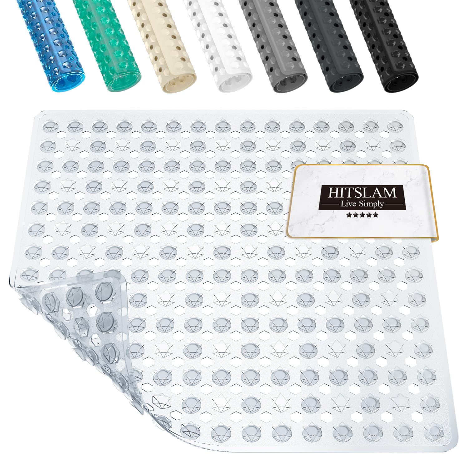 HITSLAM Tapis de Douche Antidérapant, Carré Tapis de Bain avec Ventouses 53x53cm sans BPA, Tapis de Baignoire Résistant à la Moisissure et Lavable en Machine, Transparent Global Recycled Standard Global Recycled Standard Global Recycled Standard