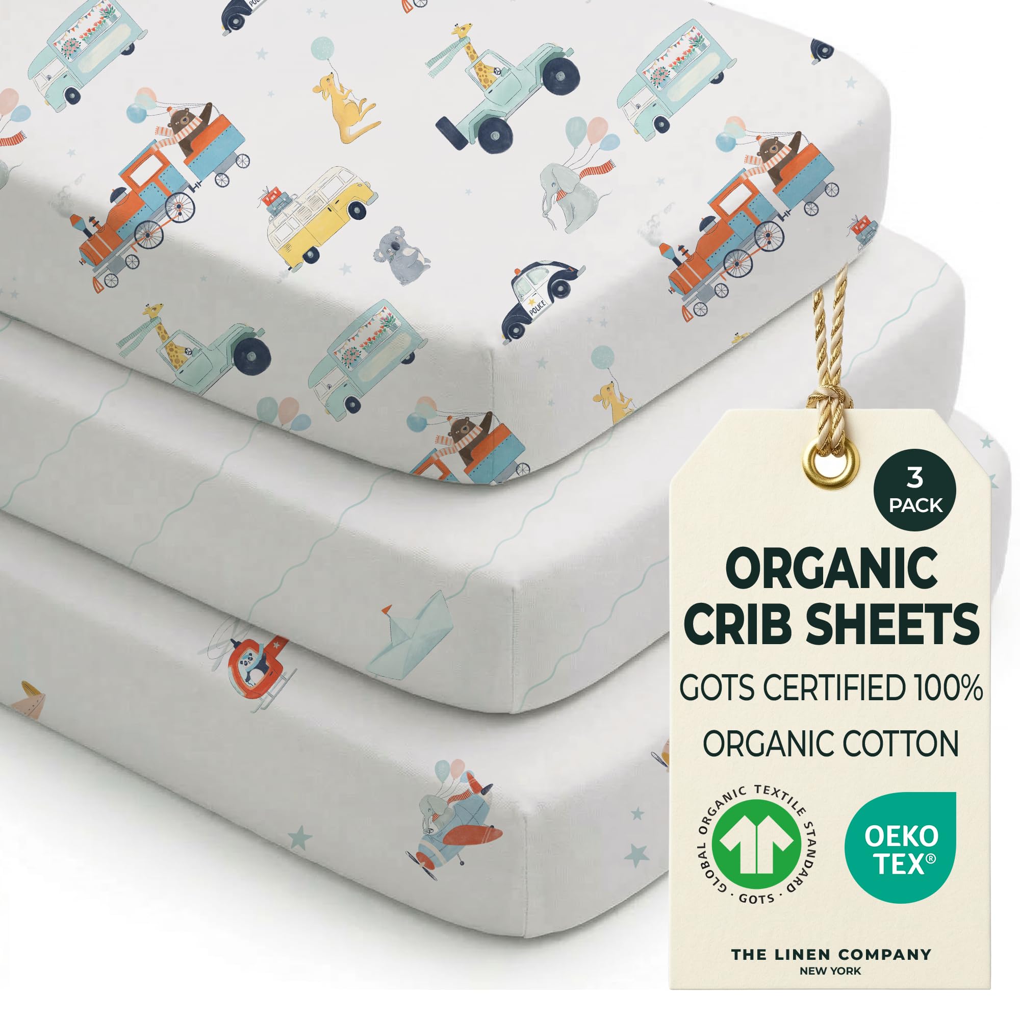 100% Organic Cotton Cot Bed Sheets (3-Pack) – GOTS Certified, Soft Fitted Sheets for Mini Mattress & Pack n Play, 5" Deep Pocket with Secure Elastic Fit, boys & girls, 70 x 140 cm (Tiny Explorers)