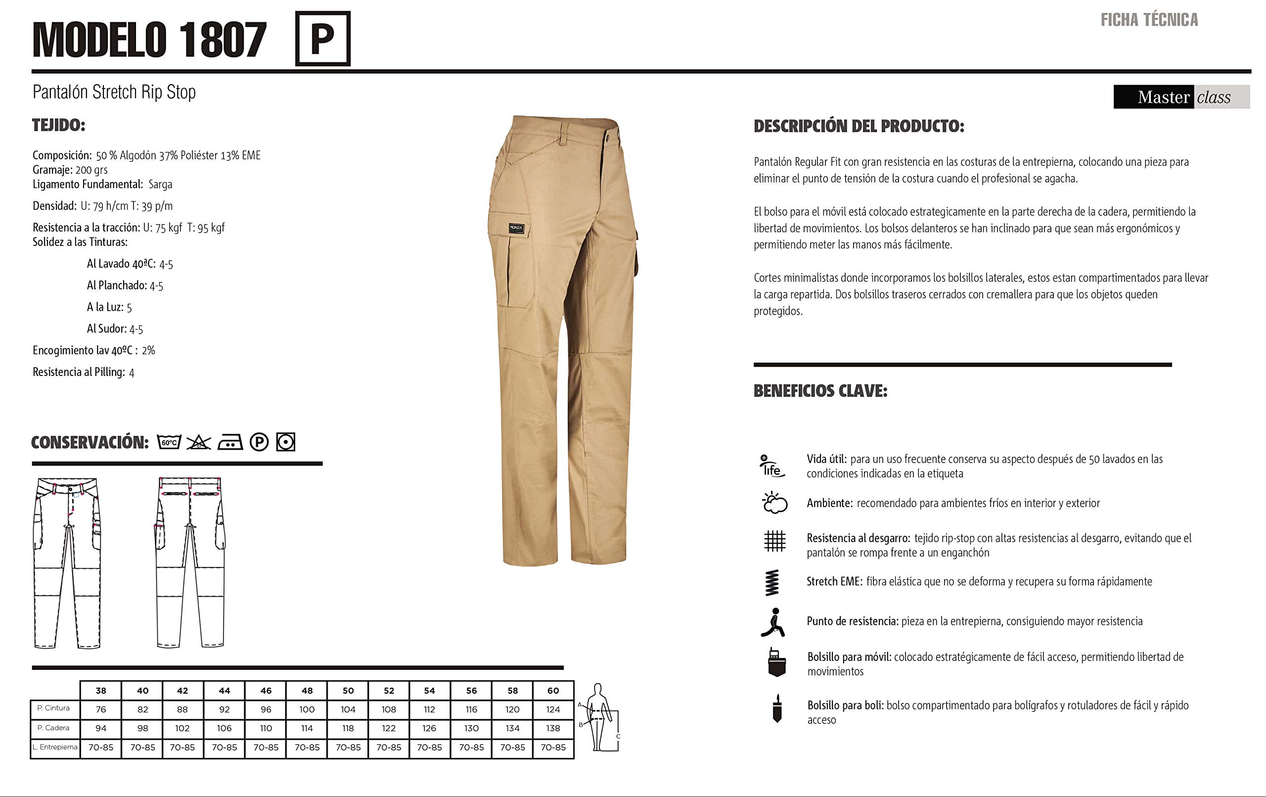 Pantalón De Trabajo Largo Stretch Rip-Stop de Hombre Profesional/Instalador. Ref: 1807