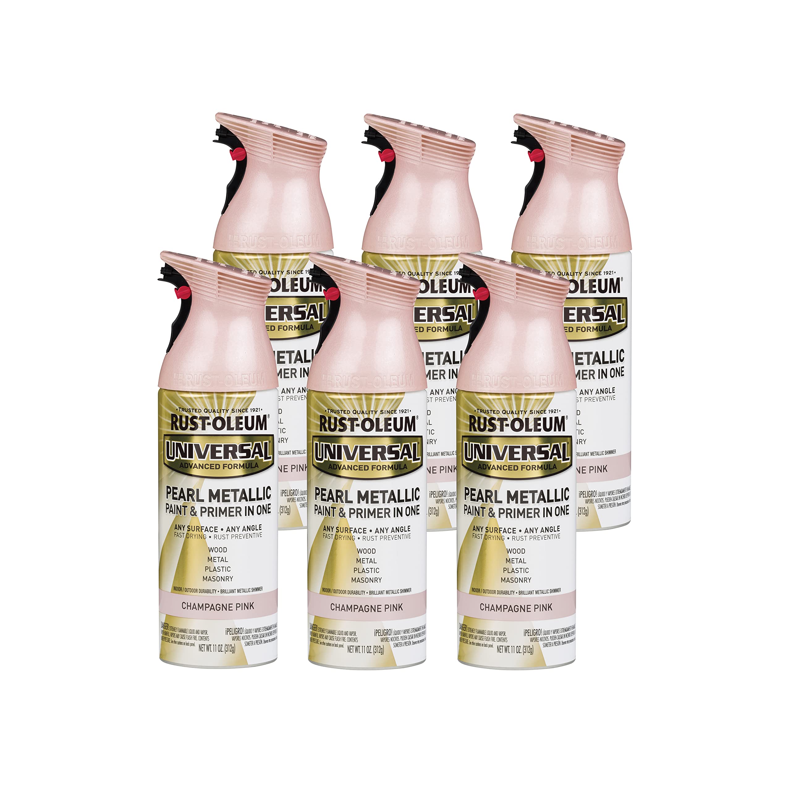 Rust-Oleum301537-6 PK 301537 Universal All Surface Spray Paint, 11 oz, Metallic Pearl Champagne Pink Mist, 6 Pack, Each, Pure Gold, 66 Fl Oz
