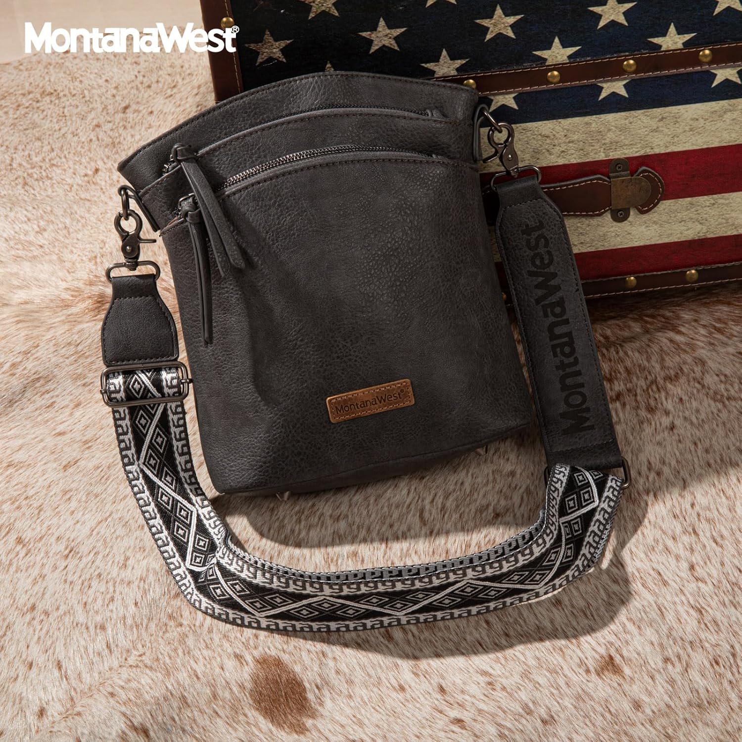 Montana West Multi Zip Pocket Large Crossbody Bag With Guitar Strap - Image 2