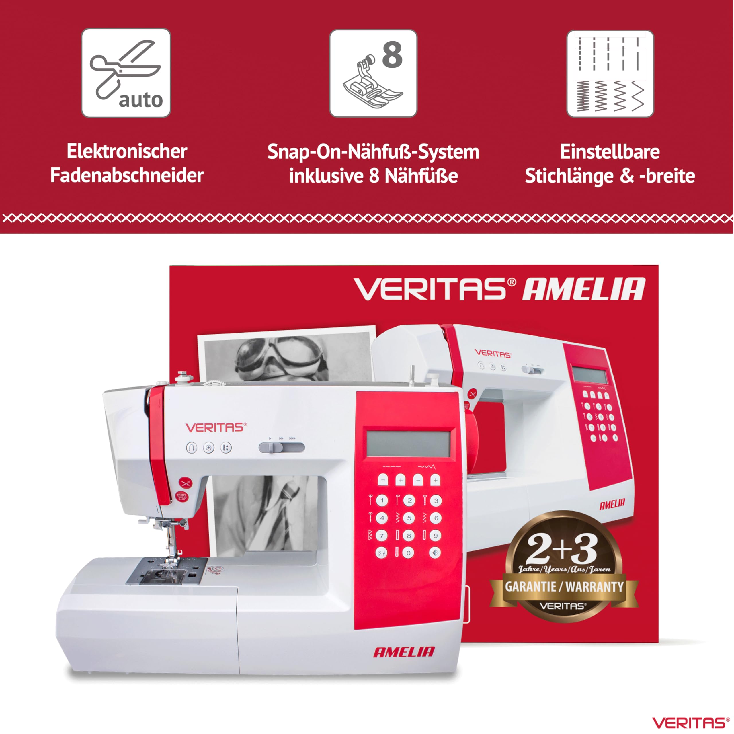 VERITAS Nähmaschine Amelia I Computer-Nähmaschine I 90 Programme inkl. Speicherfunktion I Stiche spiegeln I Auto-Fadenspannung & Einfädelhilfe I Fadenabschneider I LCD-Display & LED-Nählicht (weiß)