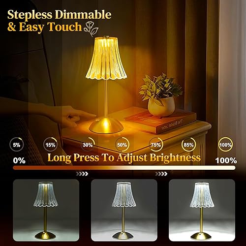 Miniatura 3 de Lámparas de mesa inalámbricas para dormitorio, lámpara de mesa dorada, inalámbrica, funciona con pilas, recargable, decorativa, regulable, lámpara