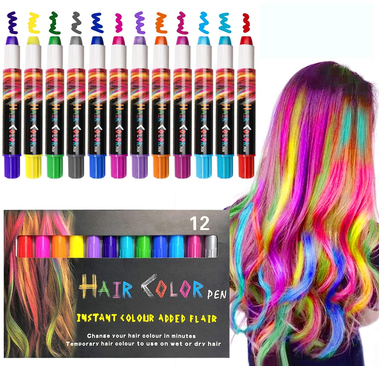 ヘアチョークペン、12色セット、染毛剤用の一時的な髪の色、女の子には素晴らしい誕生日クリスマスプレゼント (12色)