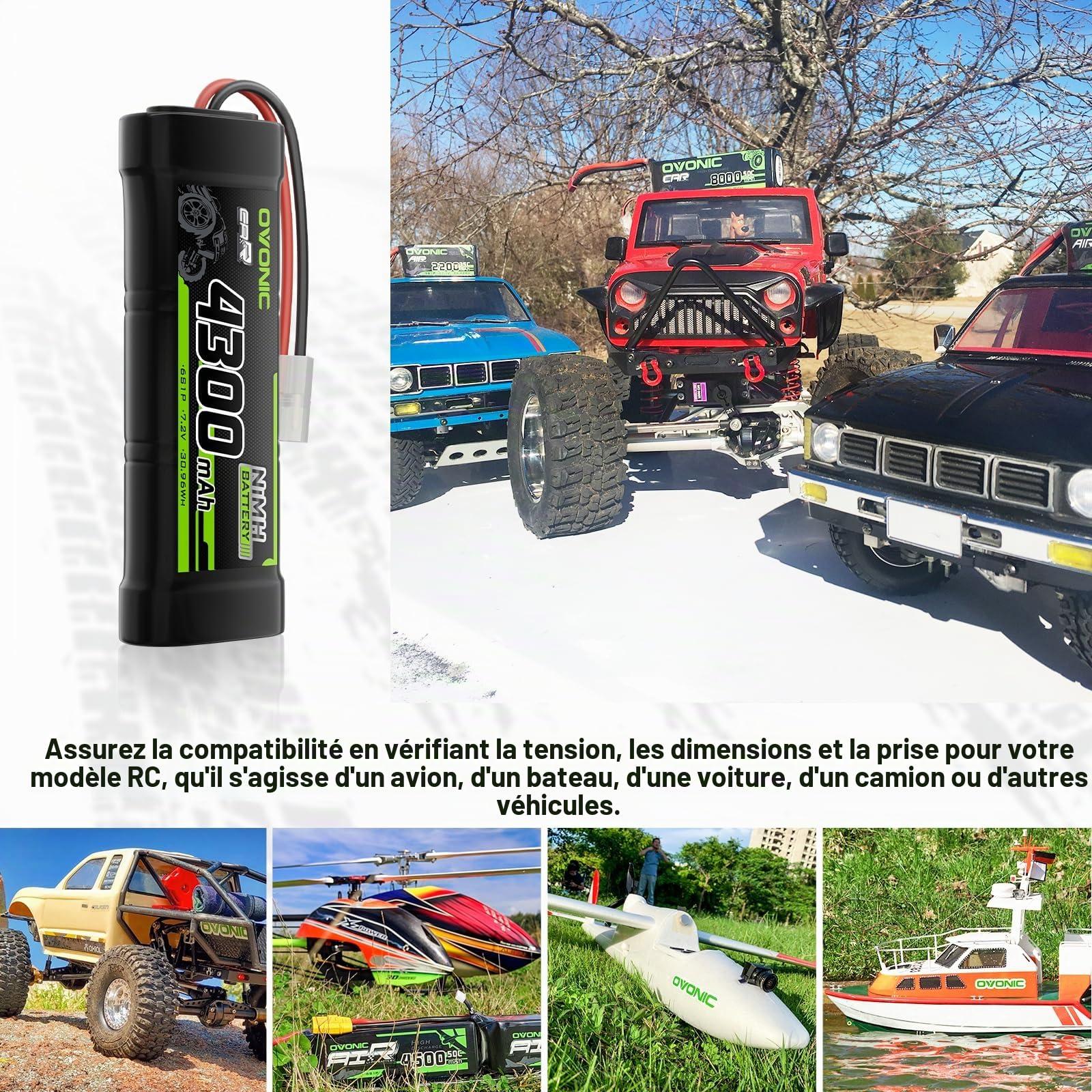 OVONIC Batterie NiMH RC 7,2 V 4300 mAh avec connecteur TMY pour voiture RC Truck Truggy