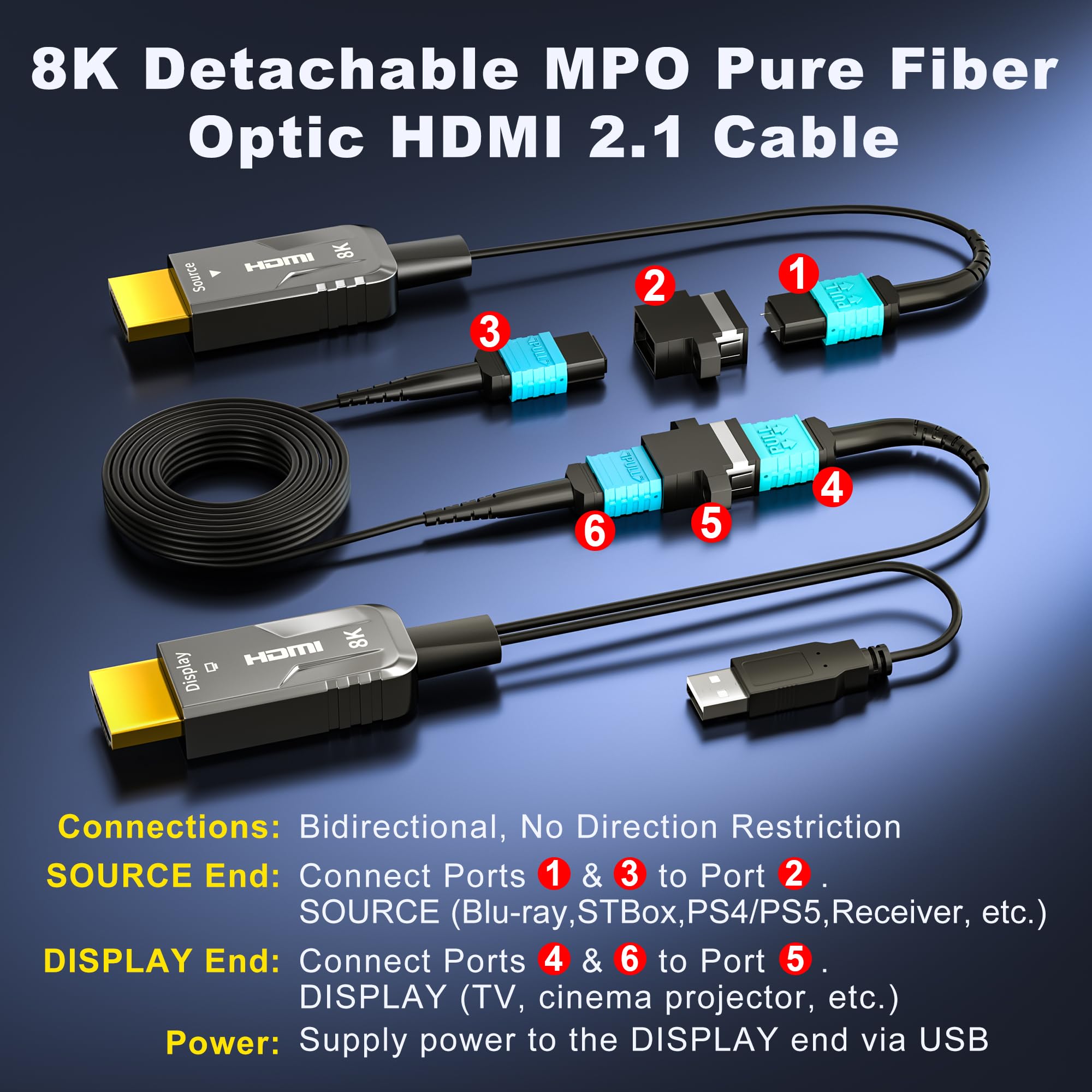 Cavo HDMI 2.1 staccabile in pura fibra ottica 8K MPO, 10 m, supporto 8K 60Hz, 4K 120Hz, 48Gbps, HDR dinamico per PS5, Xbox Series X, ricevitore AV Denon, HDTV, Blu-ray, monitor, proiettore